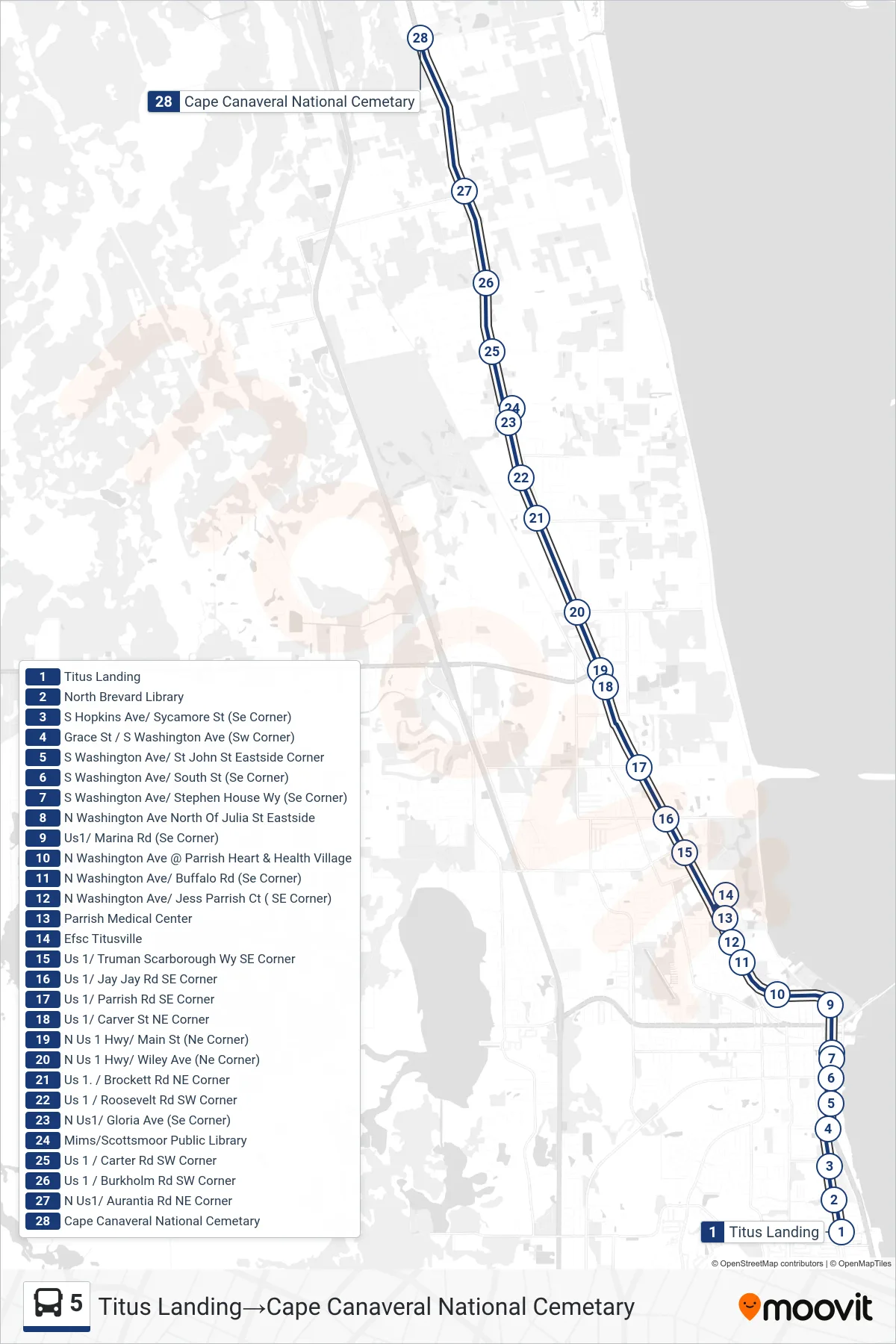 5 bus Line (Titus Landing→Cape Canaveral National Cemetary) route and stops on a map