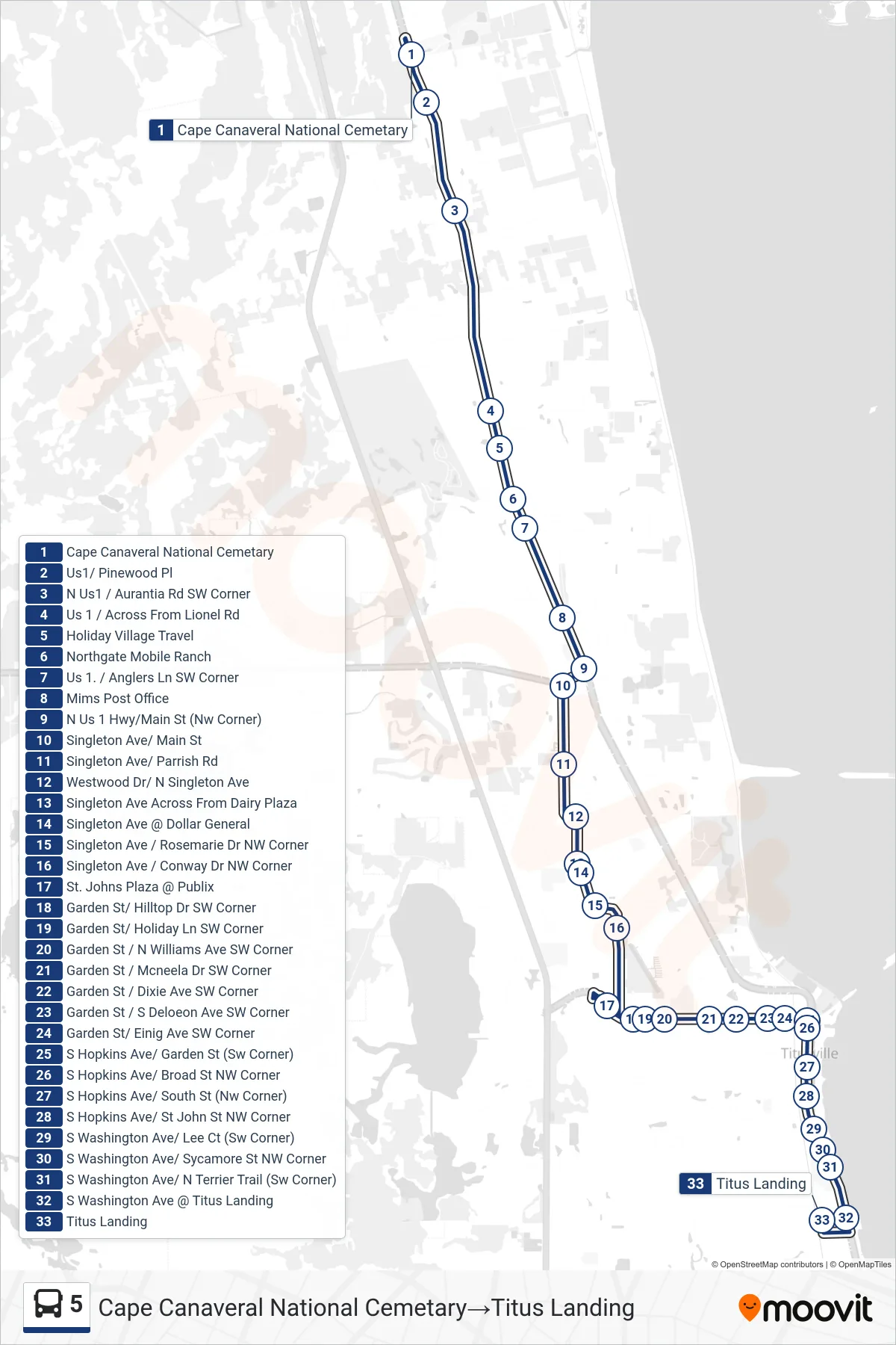 5 bus Line (Cape Canaveral National Cemetary→Titus Landing) route and stops on a map
