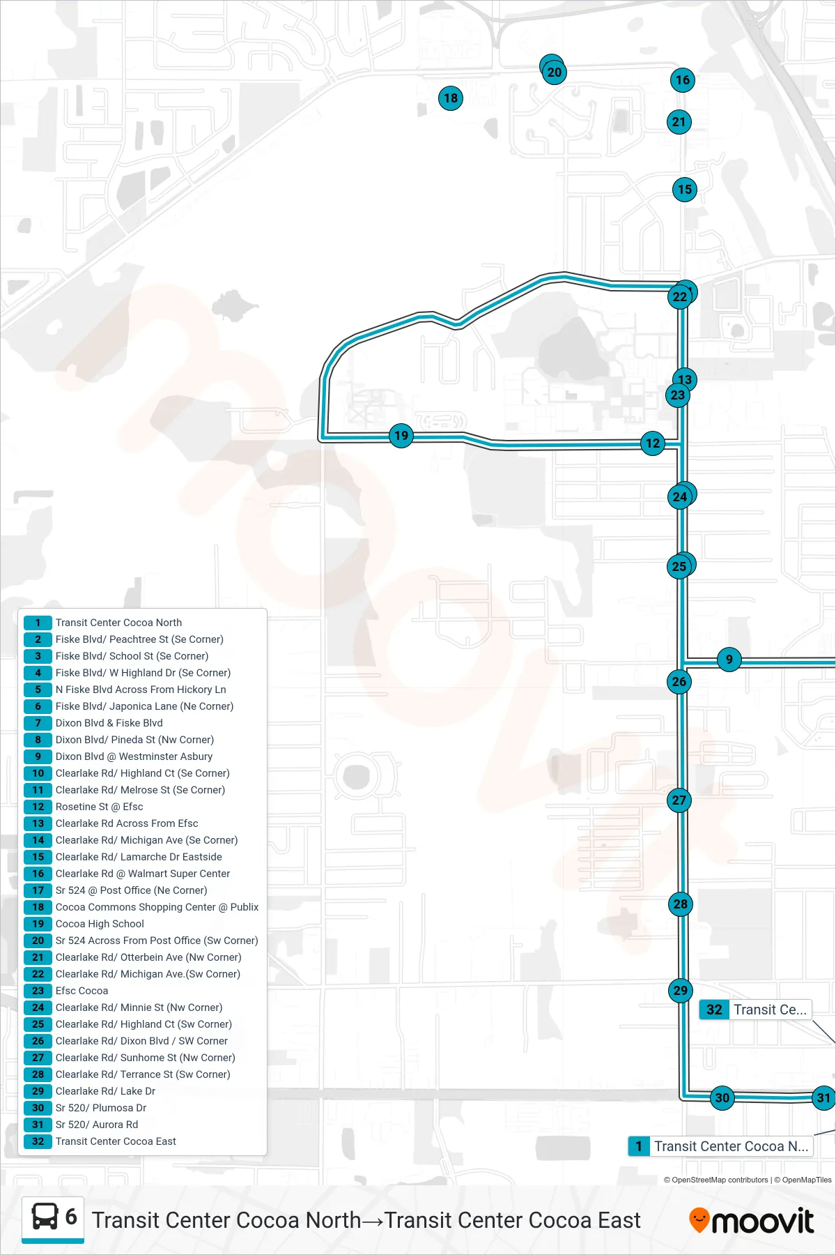 6 bus Line (Transit Center Cocoa North→Transit Center Cocoa East) route and stops on a map