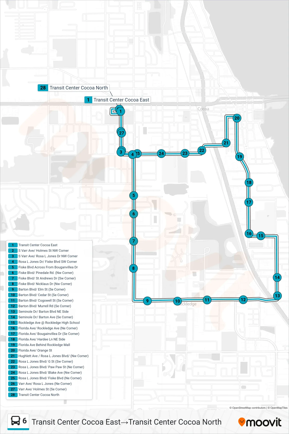 6 bus Line (Transit Center Cocoa East‎→Transit Center Cocoa North) route and stops on a map
