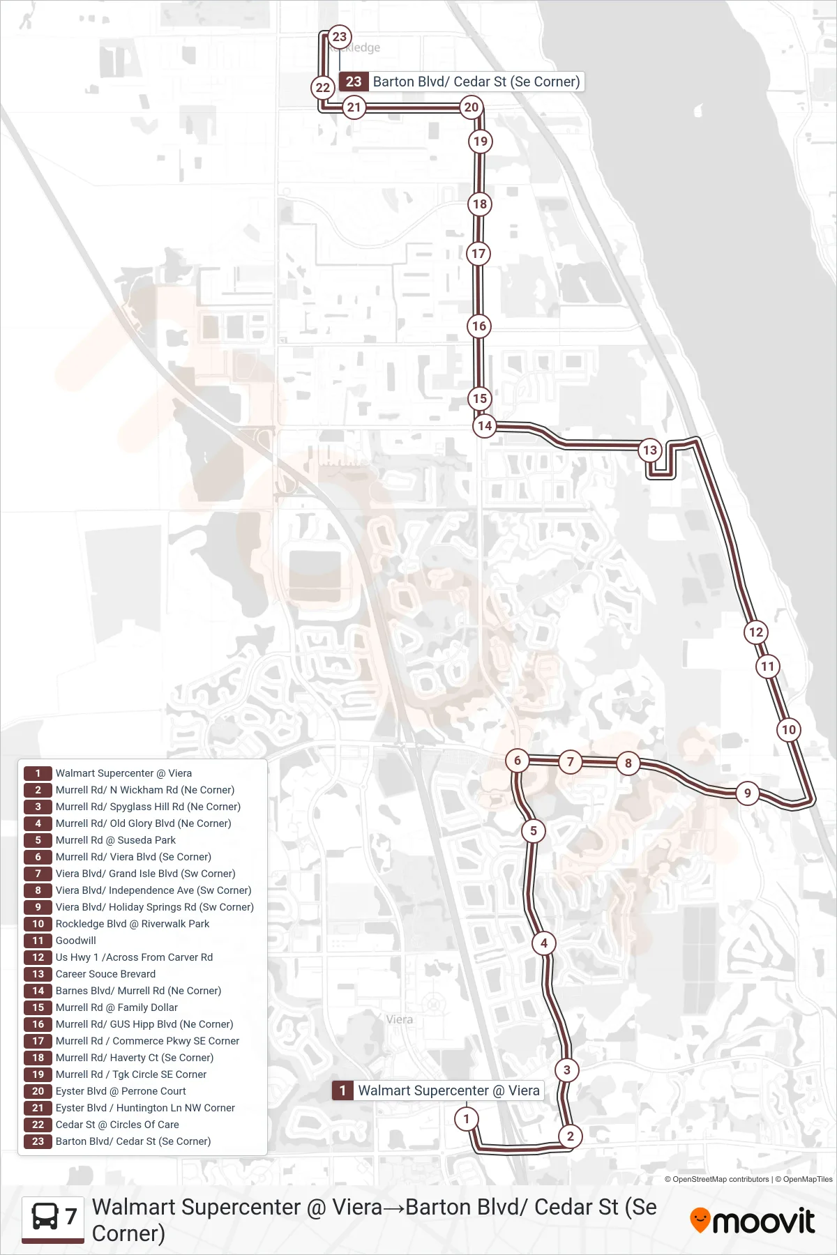 7 bus Line (Walmart Supercenter @ Viera→Barton Blvd/ Cedar St (Se Corner)) route and stops on a map
