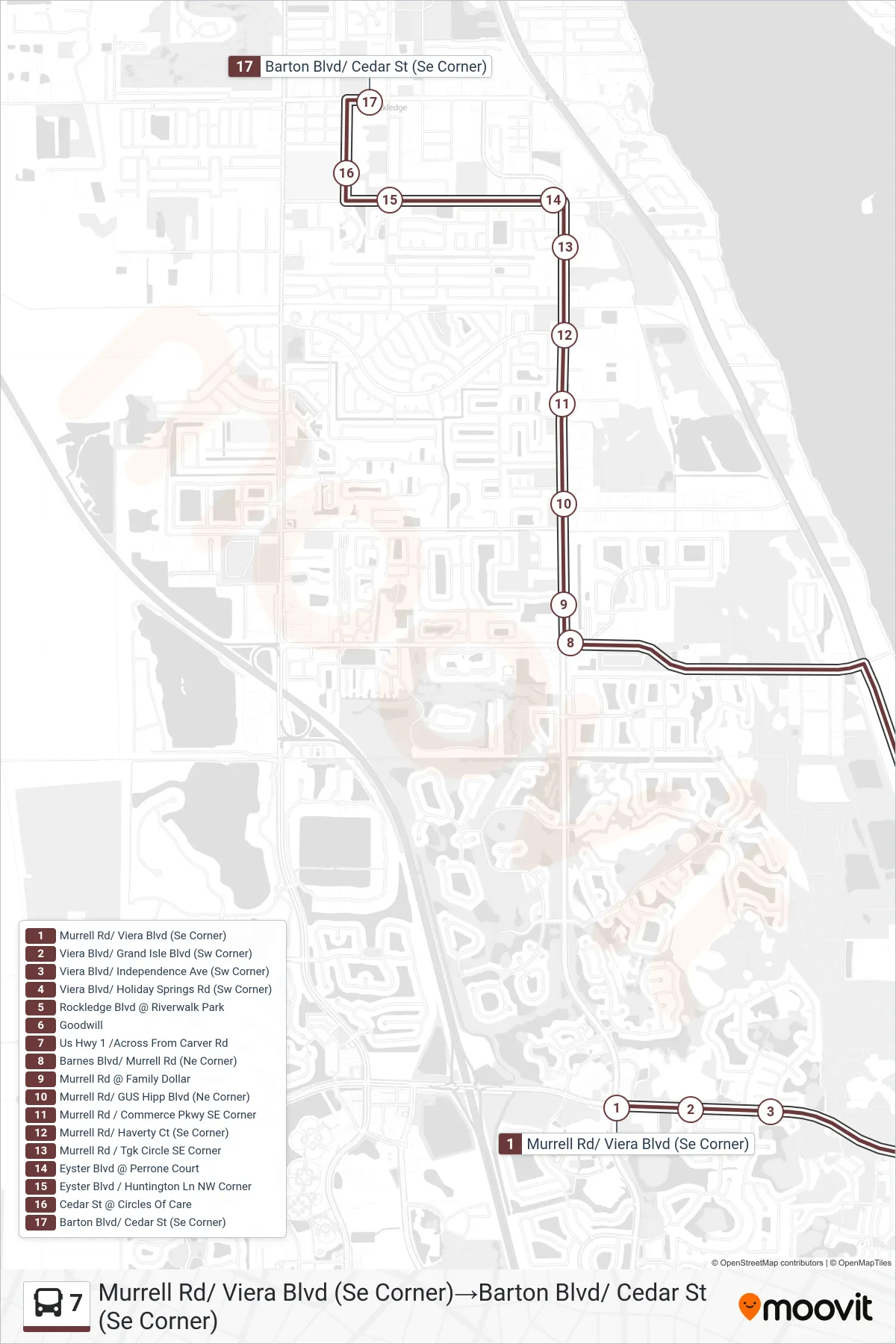 7 bus Line (Murrell Rd/ Viera Blvd (Se Corner)→Barton Blvd/ Cedar St (Se Corner)) route and stops on a map