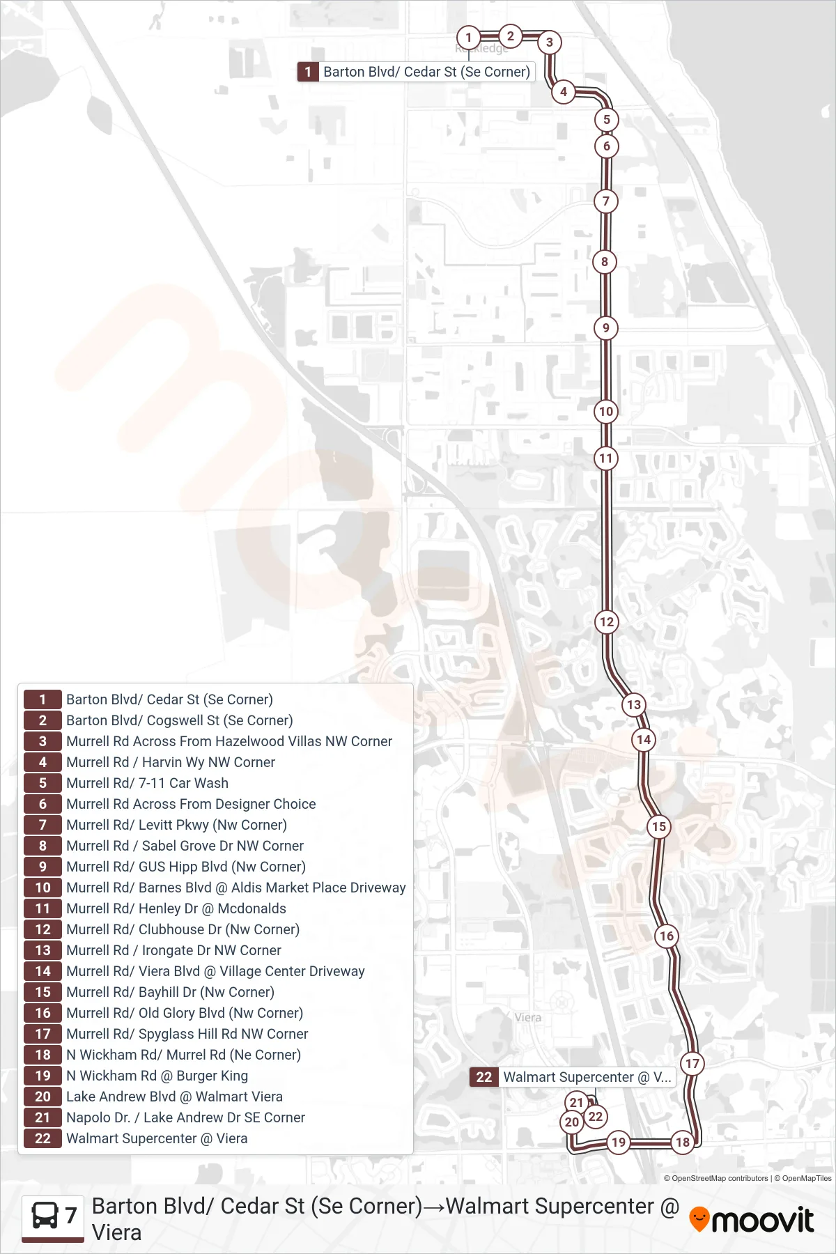 7 bus Line (Barton Blvd/ Cedar St (Se Corner)→Walmart Supercenter @ Viera) route and stops on a map
