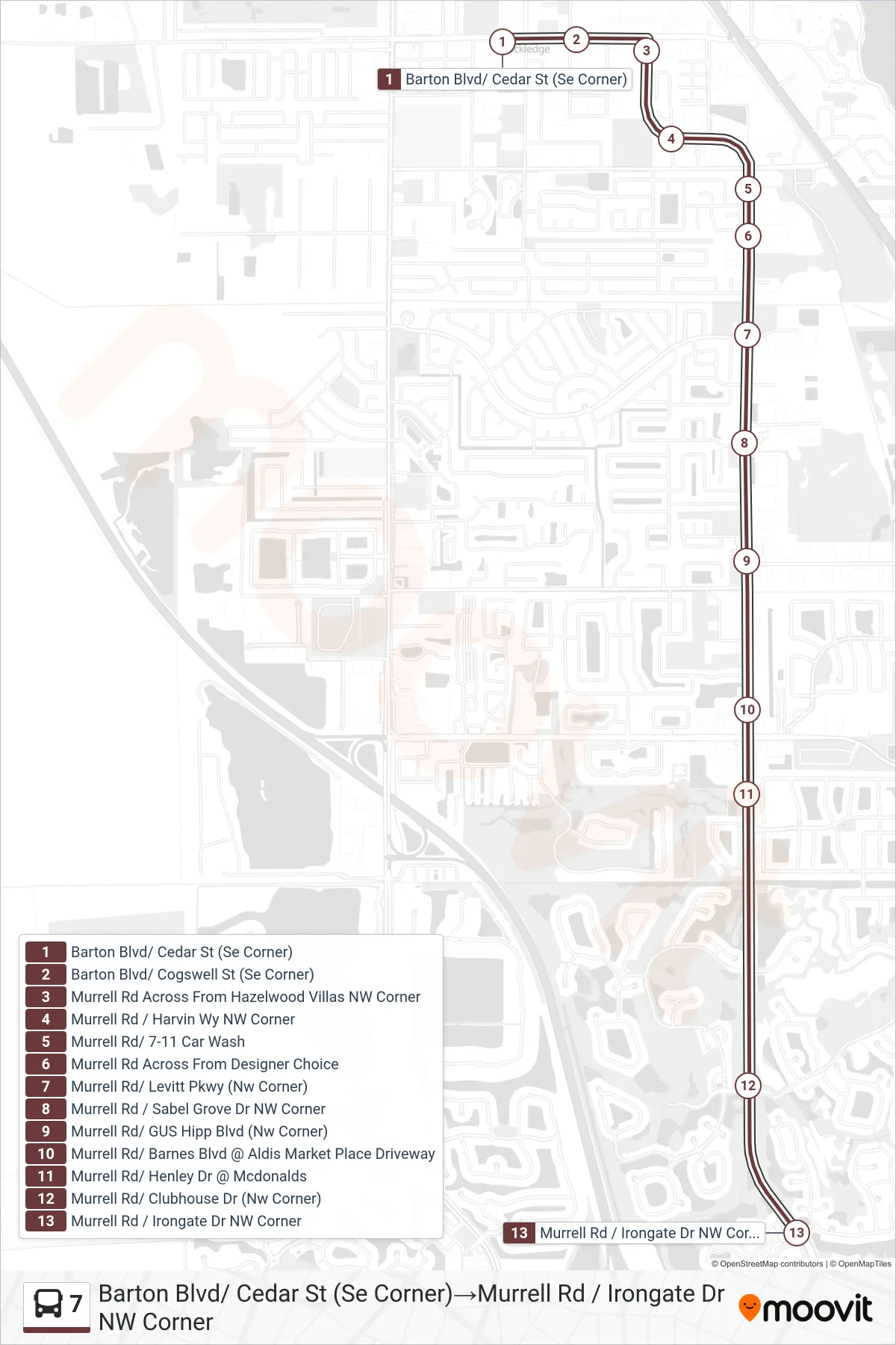 7 bus Line (Barton Blvd/ Cedar St (Se Corner)→Murrell Rd / Irongate Dr NW Corner) route and stops on a map