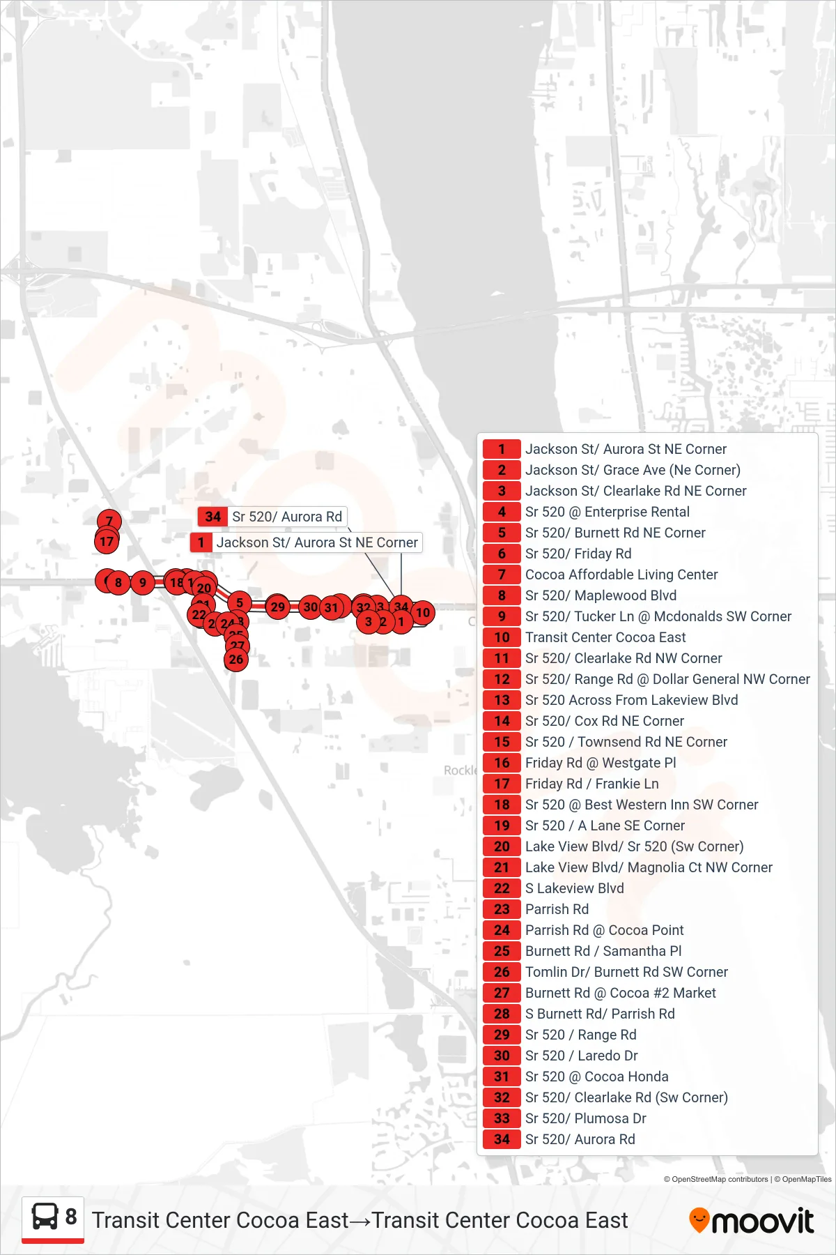 8 bus Line (Transit Center Cocoa East→Transit Center Cocoa East) route and stops on a map