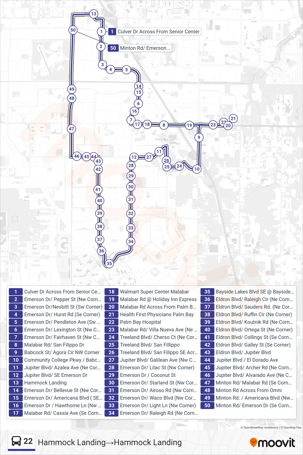 22 bus Line (Hammock Landing‎→Hammock Landing) route and stops on a map