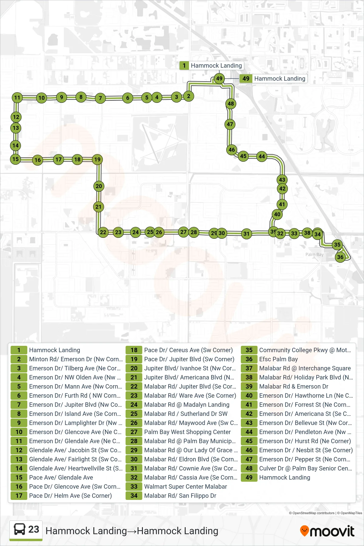 23 bus Line (Hammock Landing→Hammock Landing) route and stops on a map