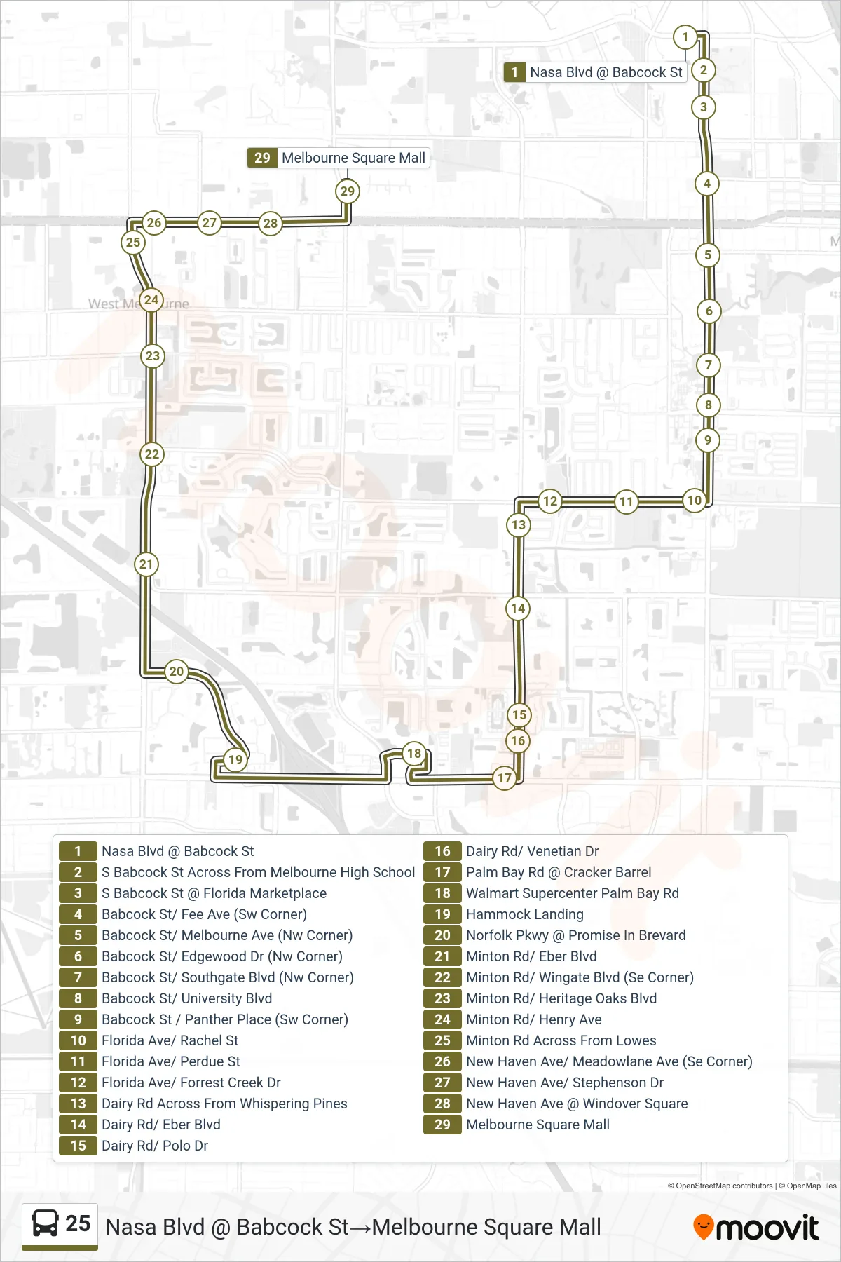 25 bus Line (Nasa Blvd @ Babcock St→Melbourne Square Mall) route and stops on a map