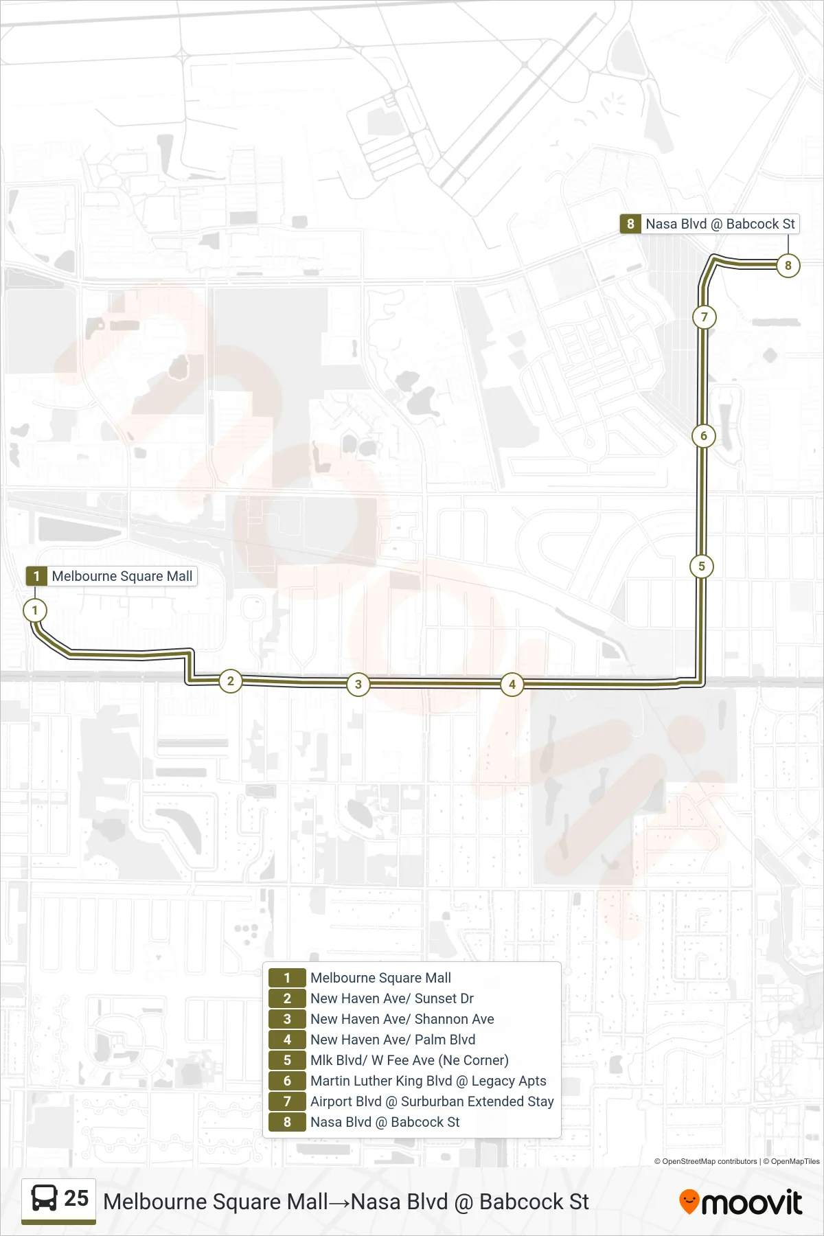 25 bus Line (Melbourne Square Mall→Nasa Blvd @ Babcock St) route and stops on a map