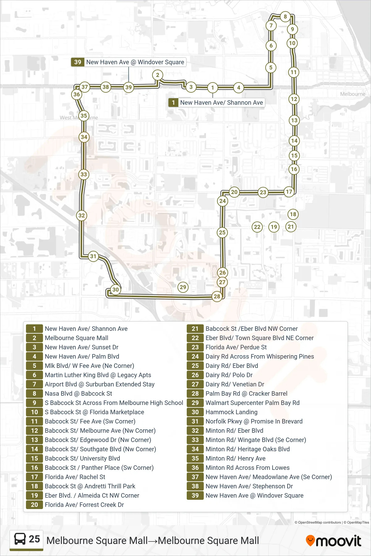 25 bus Line (Melbourne Square Mall→Melbourne Square Mall) route and stops on a map