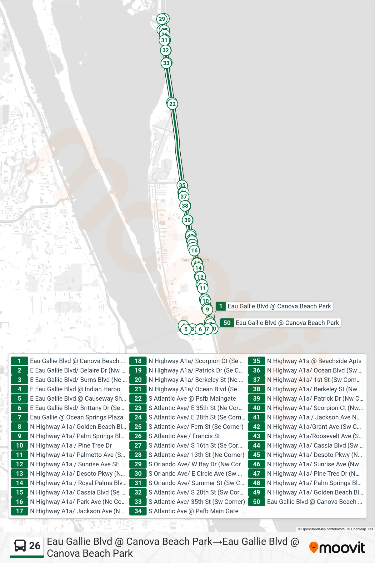 26 bus Line (Eau Gallie Blvd @ Canova Beach Park→Eau Gallie Blvd @ Canova Beach Park) route and stops on a map