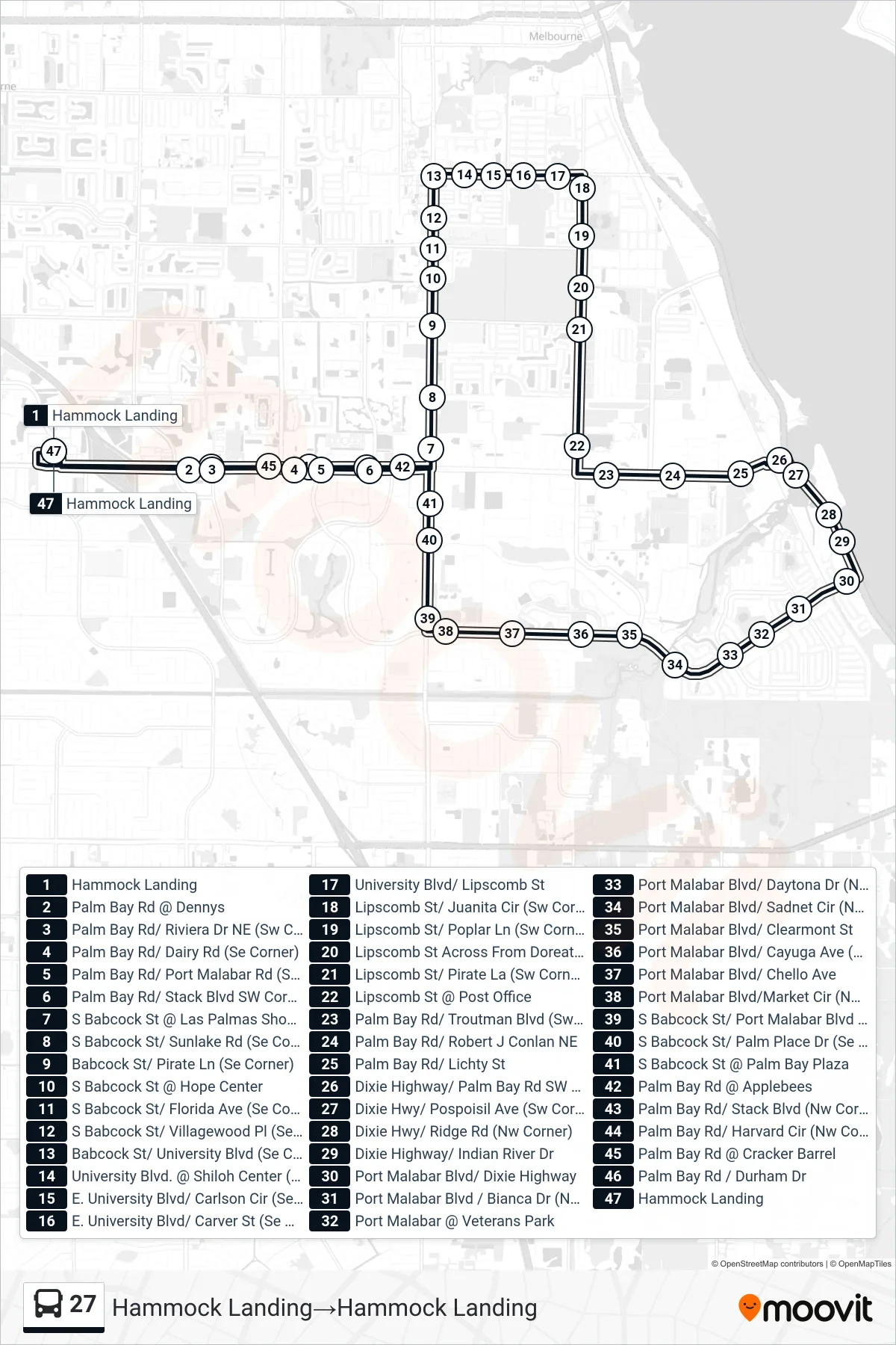 27 bus Line (Hammock Landing‎→Hammock Landing) route and stops on a map