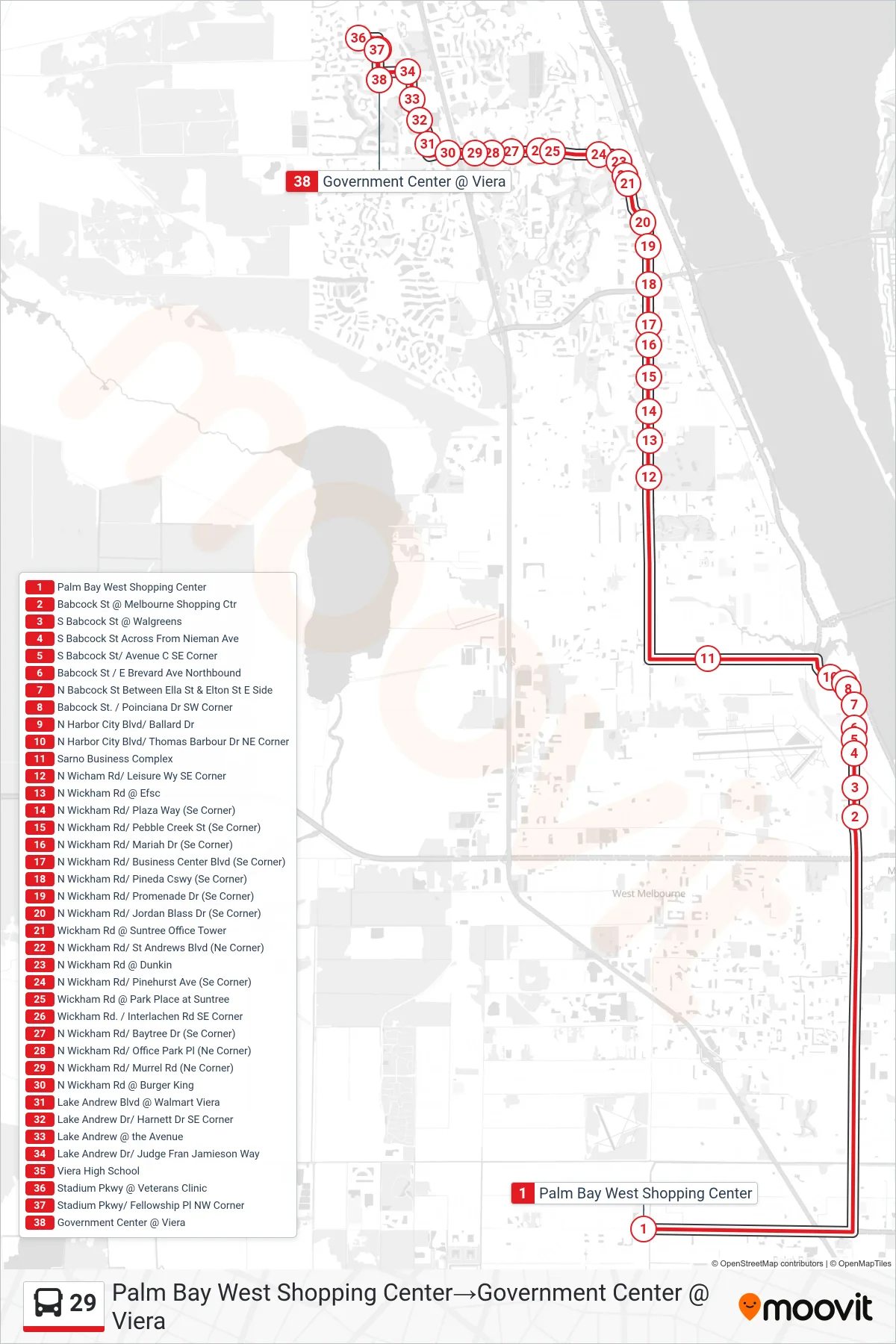 29 bus Line (Palm Bay West Shopping Center→Government Center @ Viera) route and stops on a map