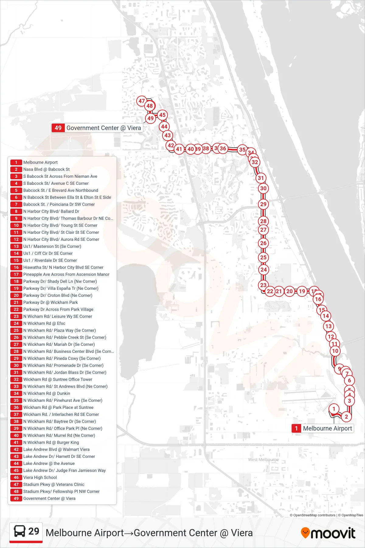 29 bus Line (Melbourne Airport→Government Center @ Viera) route and stops on a map