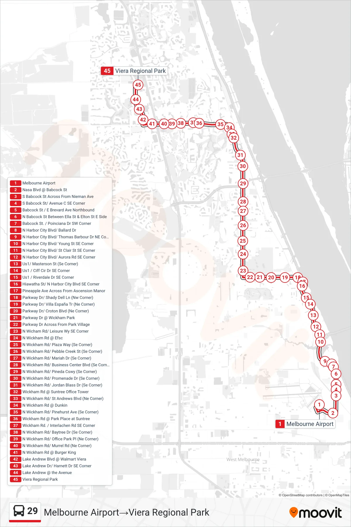 29 bus Line (Melbourne Airport→Viera Regional Park) route and stops on a map
