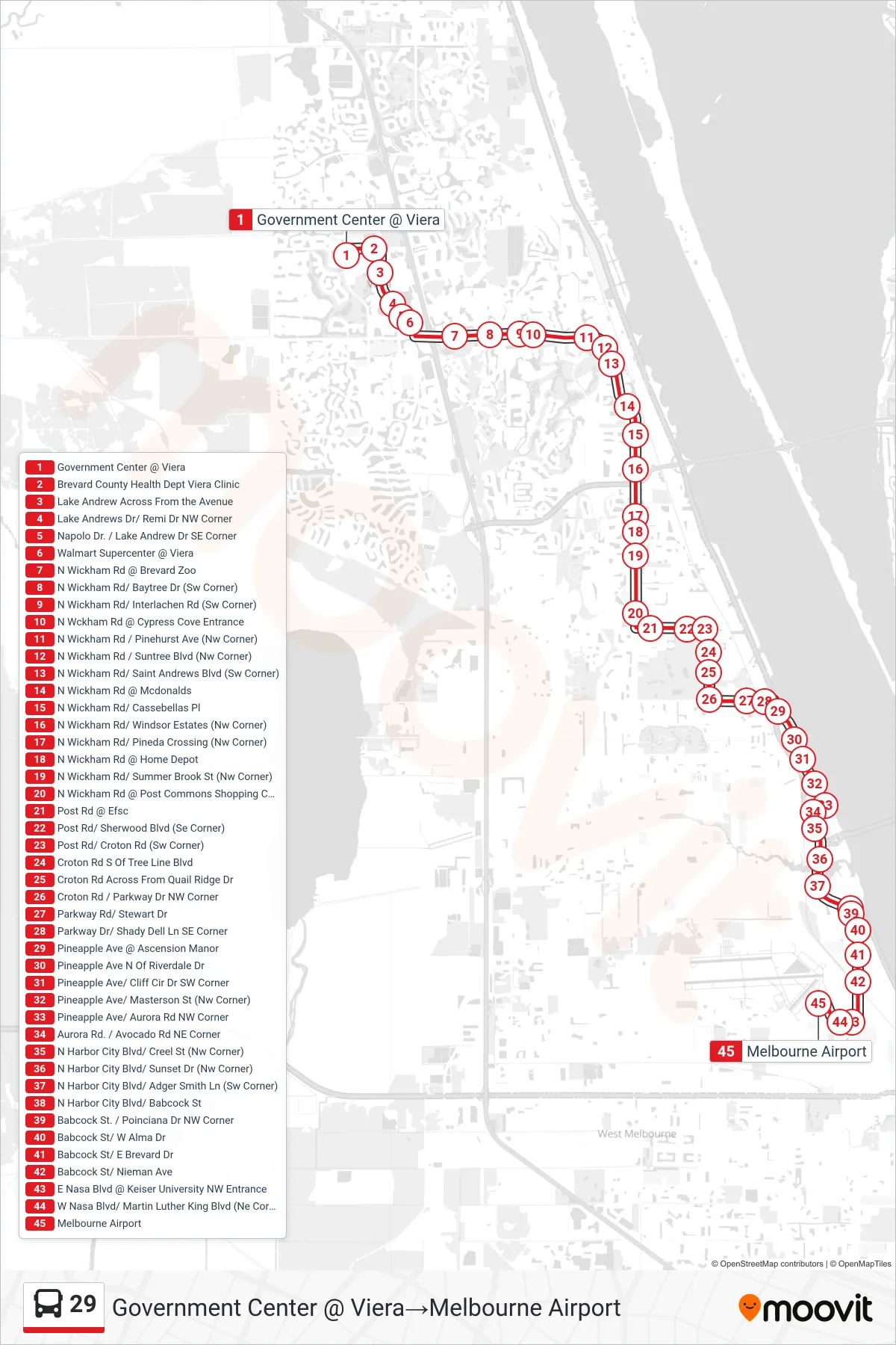 29 bus Line (Government Center @ Viera‎→Melbourne Airport) route and stops on a map