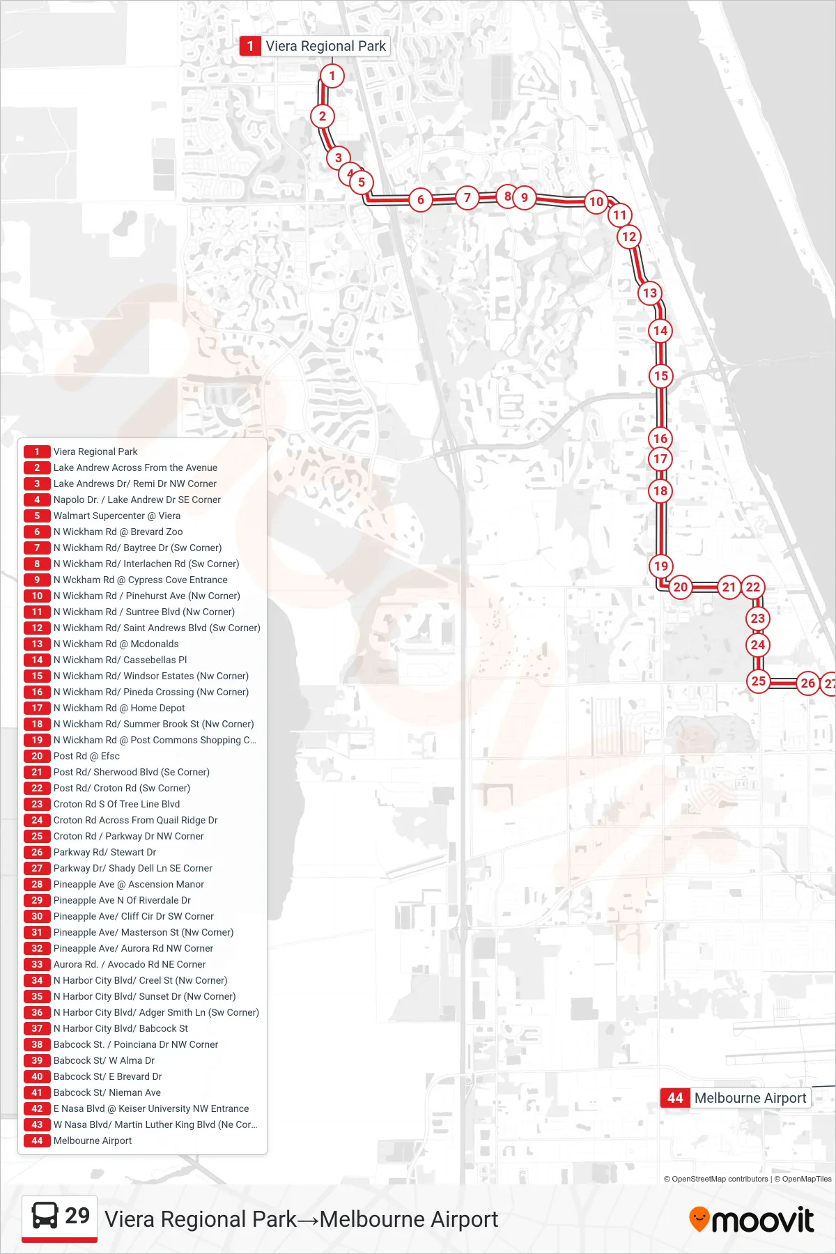 29 bus Line (Viera Regional Park→Melbourne Airport) route and stops on a map