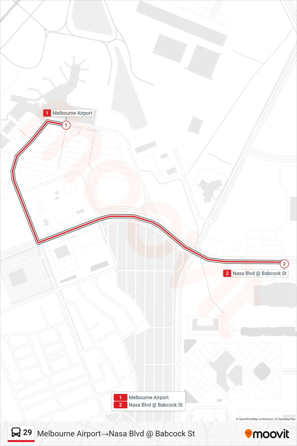 29 bus Line (Melbourne Airport→Nasa Blvd @ Babcock St) route and stops on a map