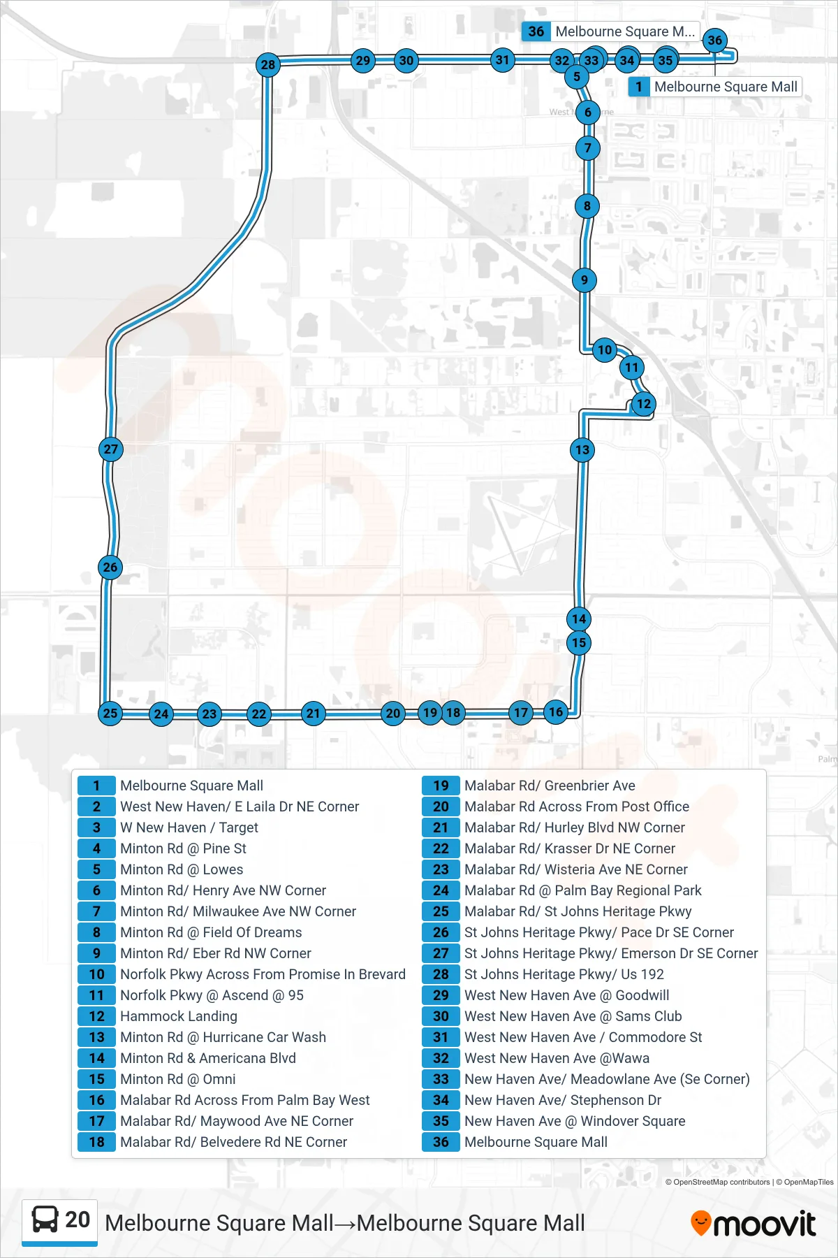 20 bus Line (Melbourne Square Mall‎→Melbourne Square Mall) route and stops on a map