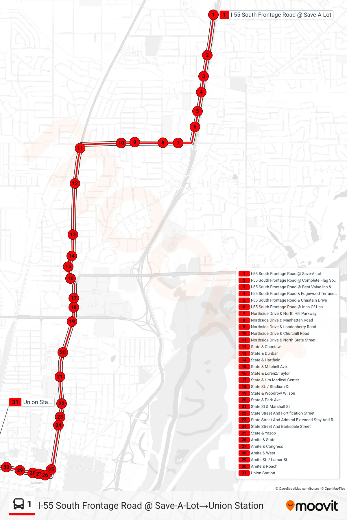 1 bus Line (I-55 South Frontage Road @ Save-A-Lot→Union Station) route and stops on a map