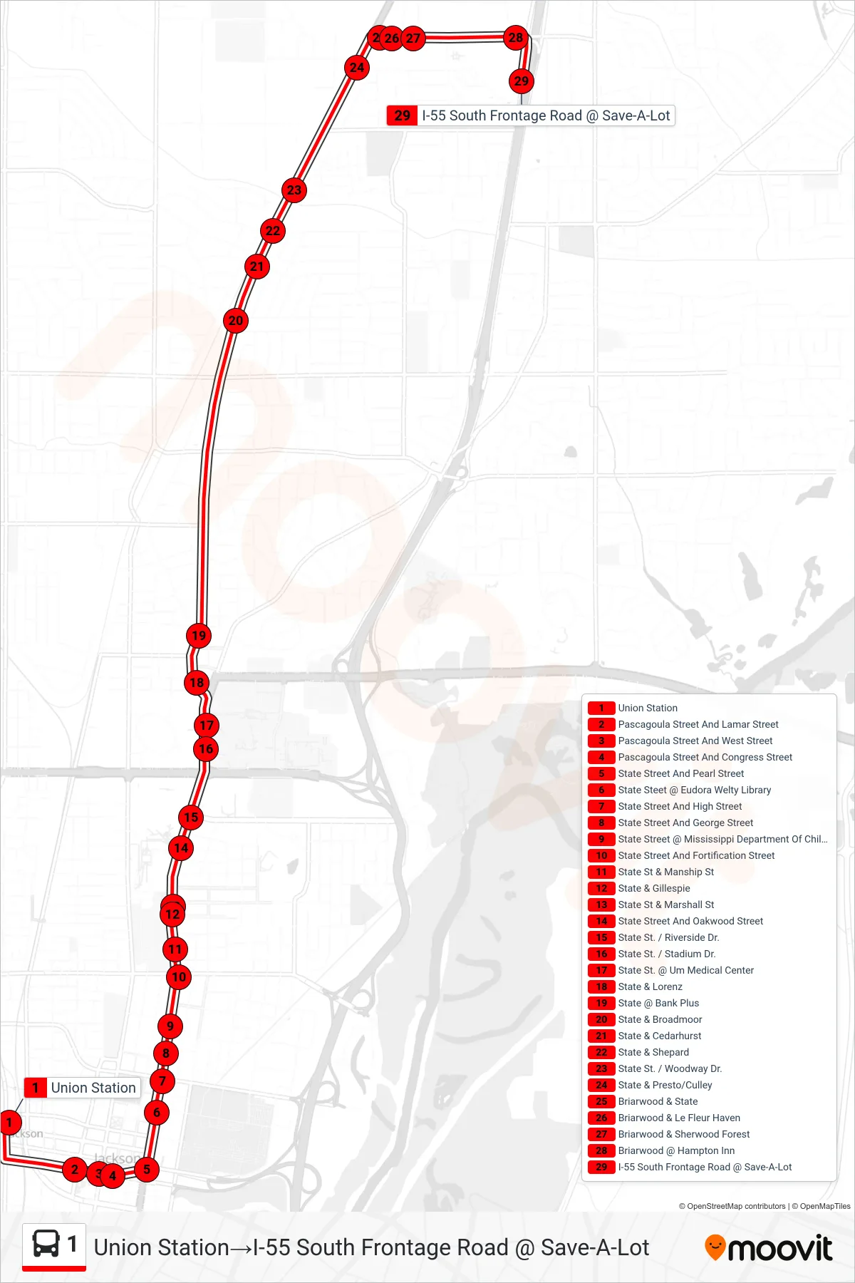 1 bus Line (Union Station‎→I-55 South Frontage Road @ Save-A-Lot) route and stops on a map
