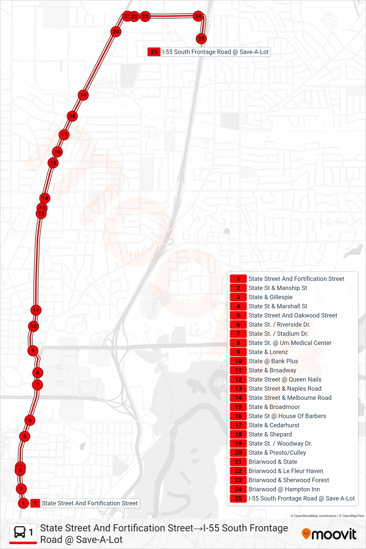 1 bus Line (State Street And Fortification Street→I-55 South Frontage Road @ Save-A-Lot) route and stops on a map