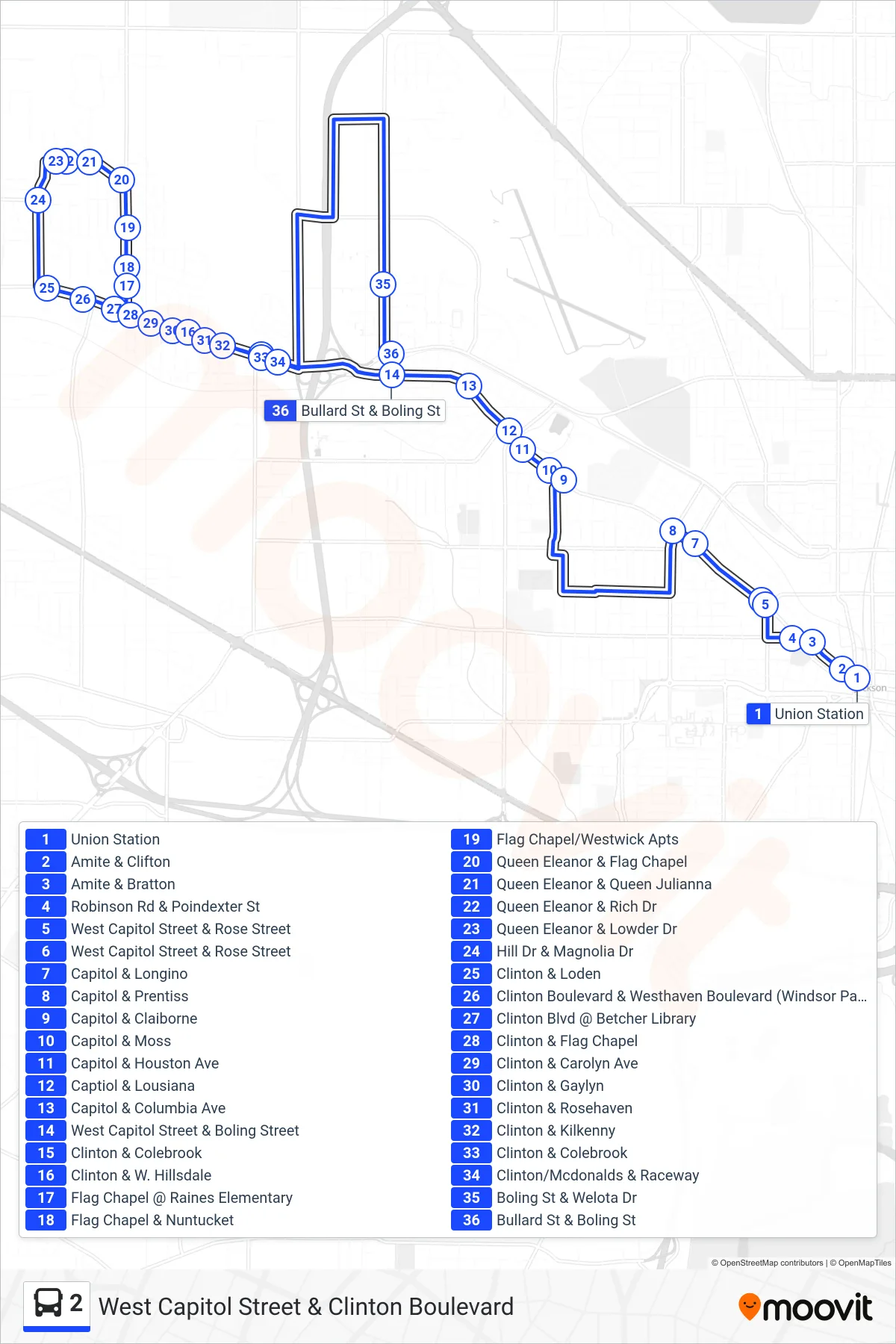 2 bus Line (Union Station→Bullard St & Boling St) route and stops on a map