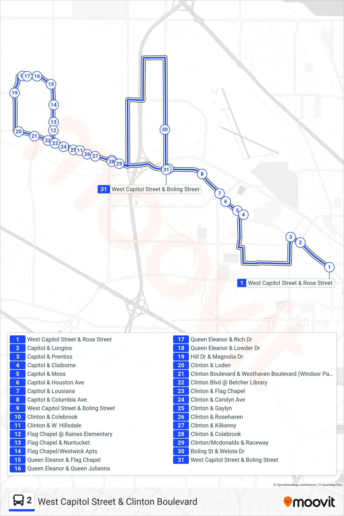 2 bus Line (West Capitol Street & Rose Street→West Capitol Street & Boling Street) route and stops on a map
