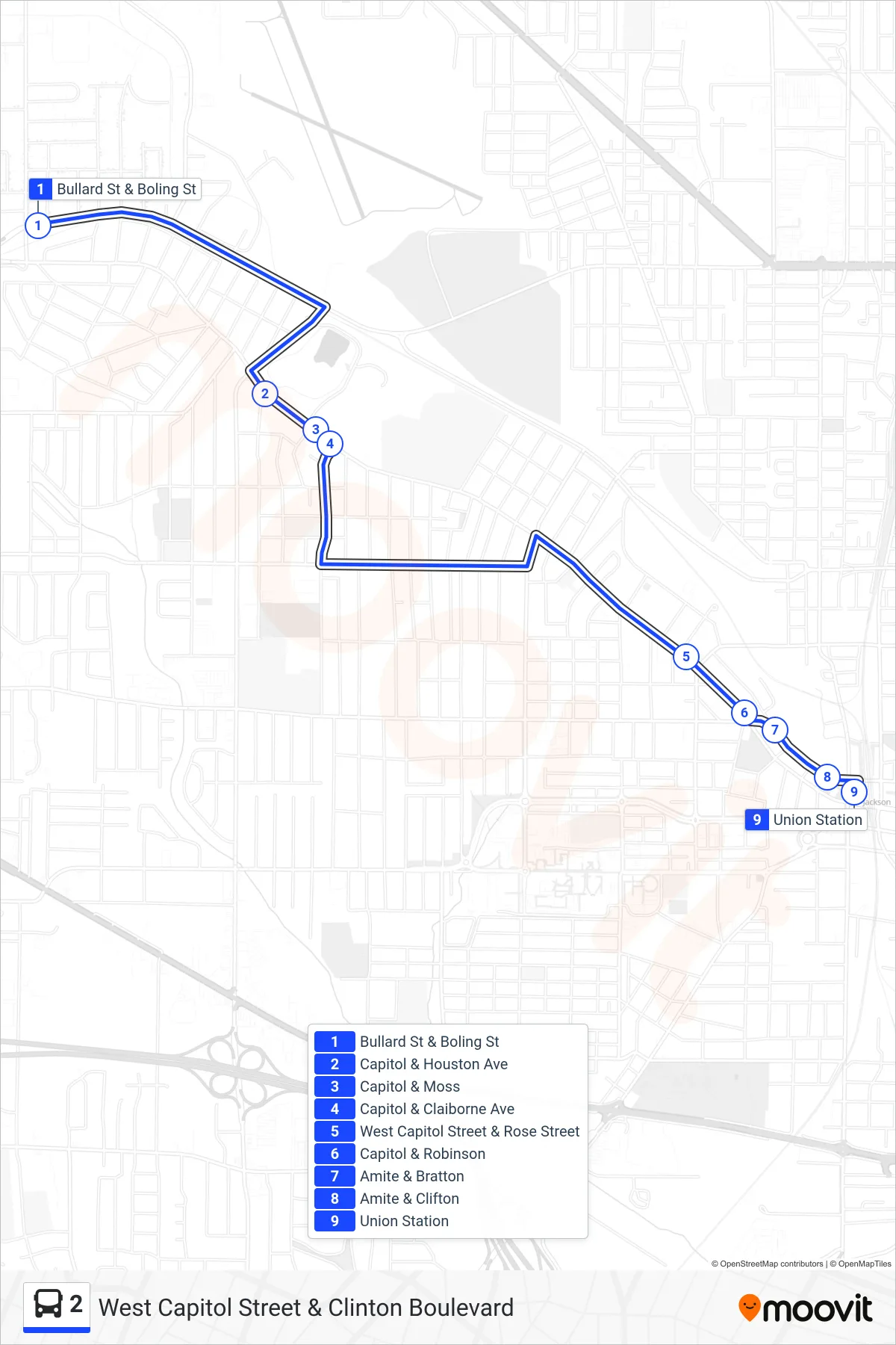 2 bus Line (Bullard St & Boling St→Union Station) route and stops on a map