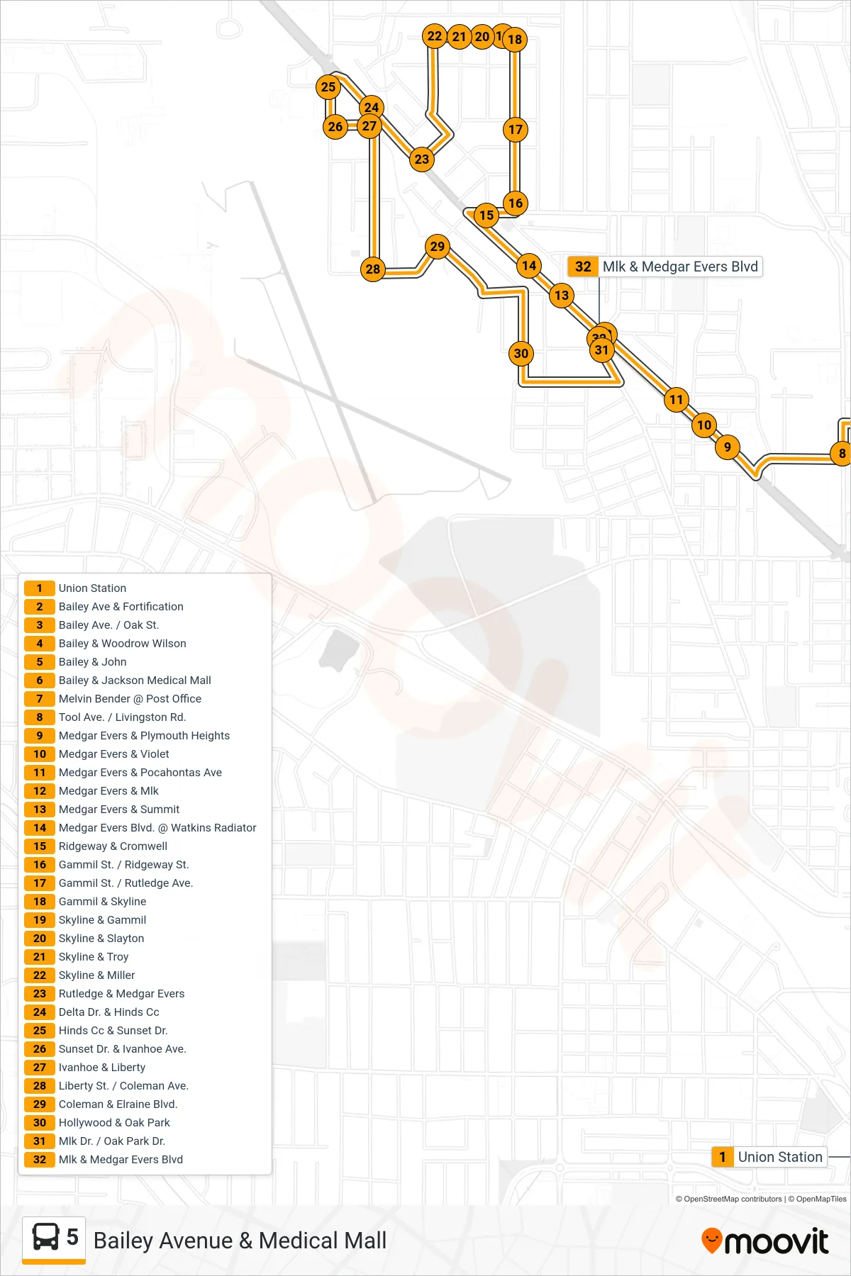 5 bus Line (Union Station‎→Mlk & Medgar Evers Blvd) route and stops on a map