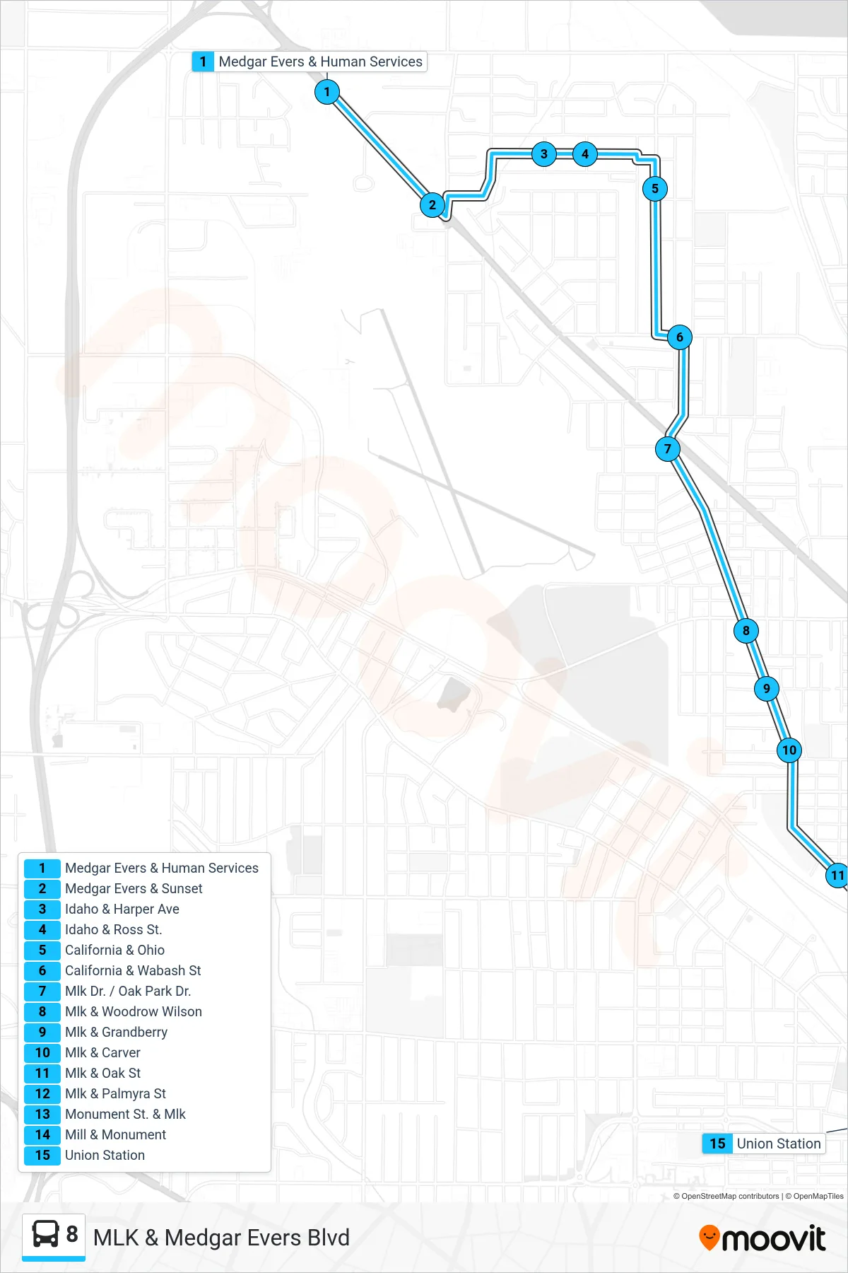 8 bus Line (Medgar Evers & Human Services‎→Union Station) route and stops on a map