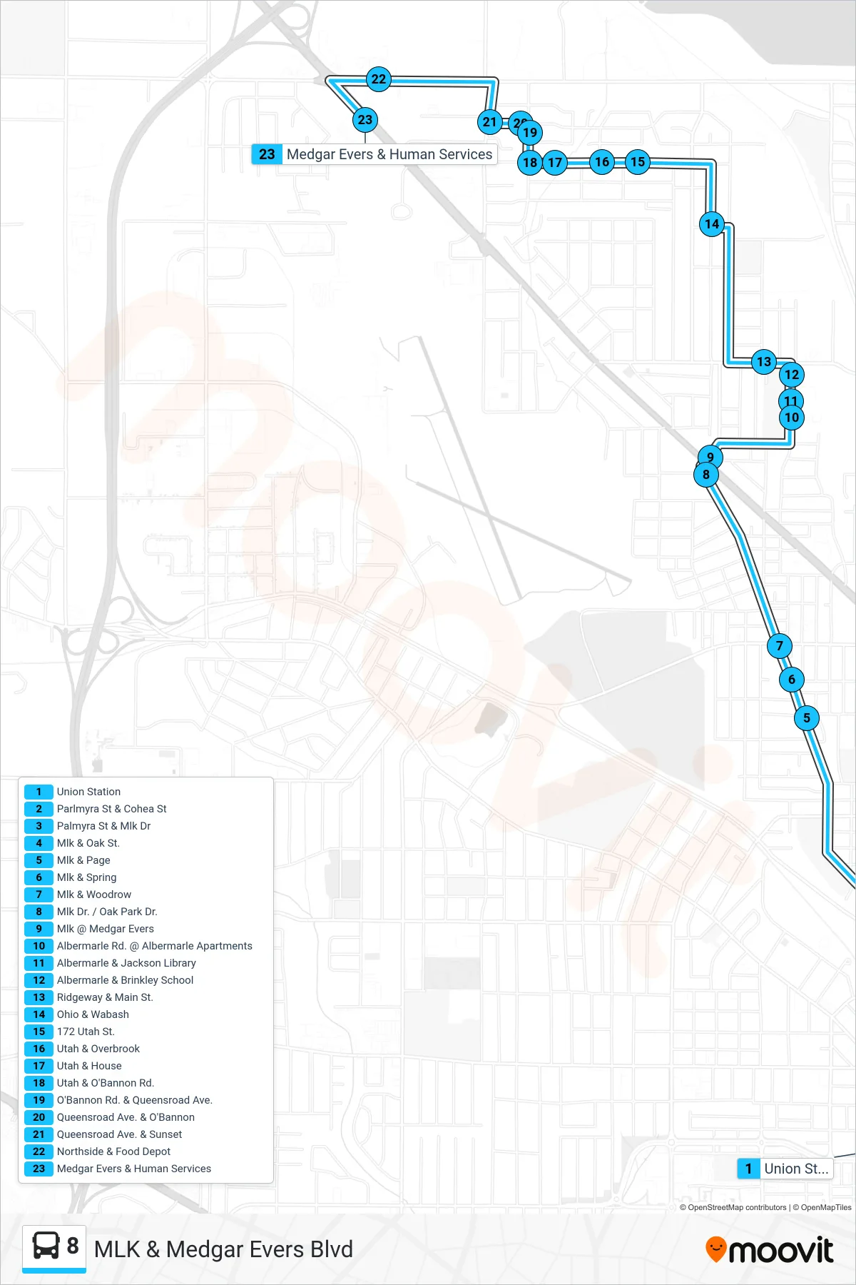 8 bus Line (Union Station‎→Medgar Evers & Human Services) route and stops on a map