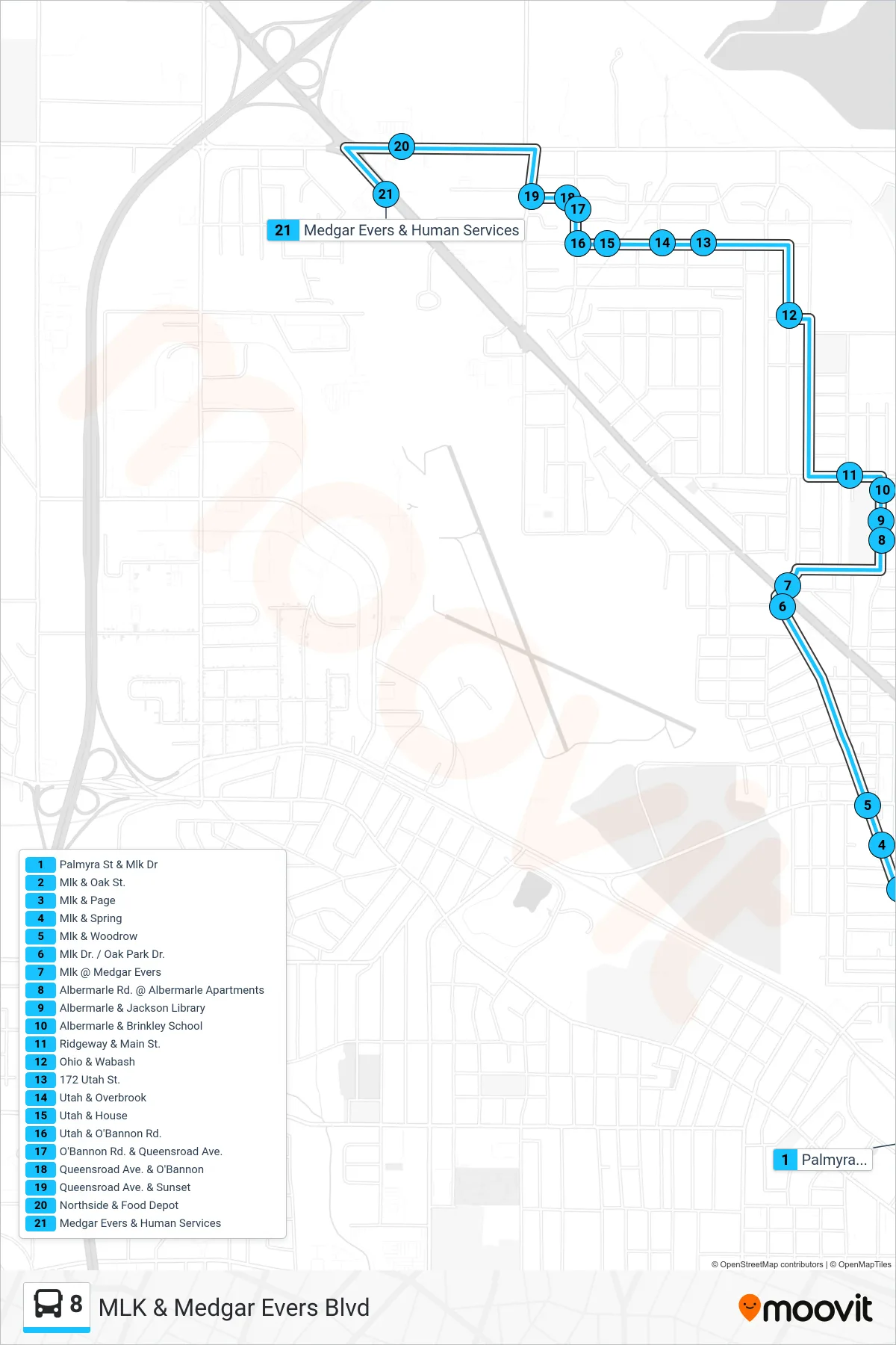 8 bus Line (Palmyra St & Mlk Dr‎→Medgar Evers & Human Services) route and stops on a map