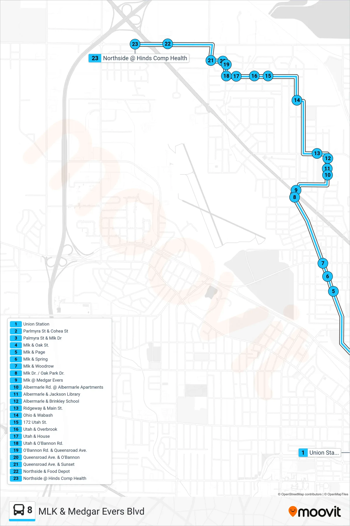 8 bus Line (Union Station‎→Northside @ Hinds Comp Health) route and stops on a map