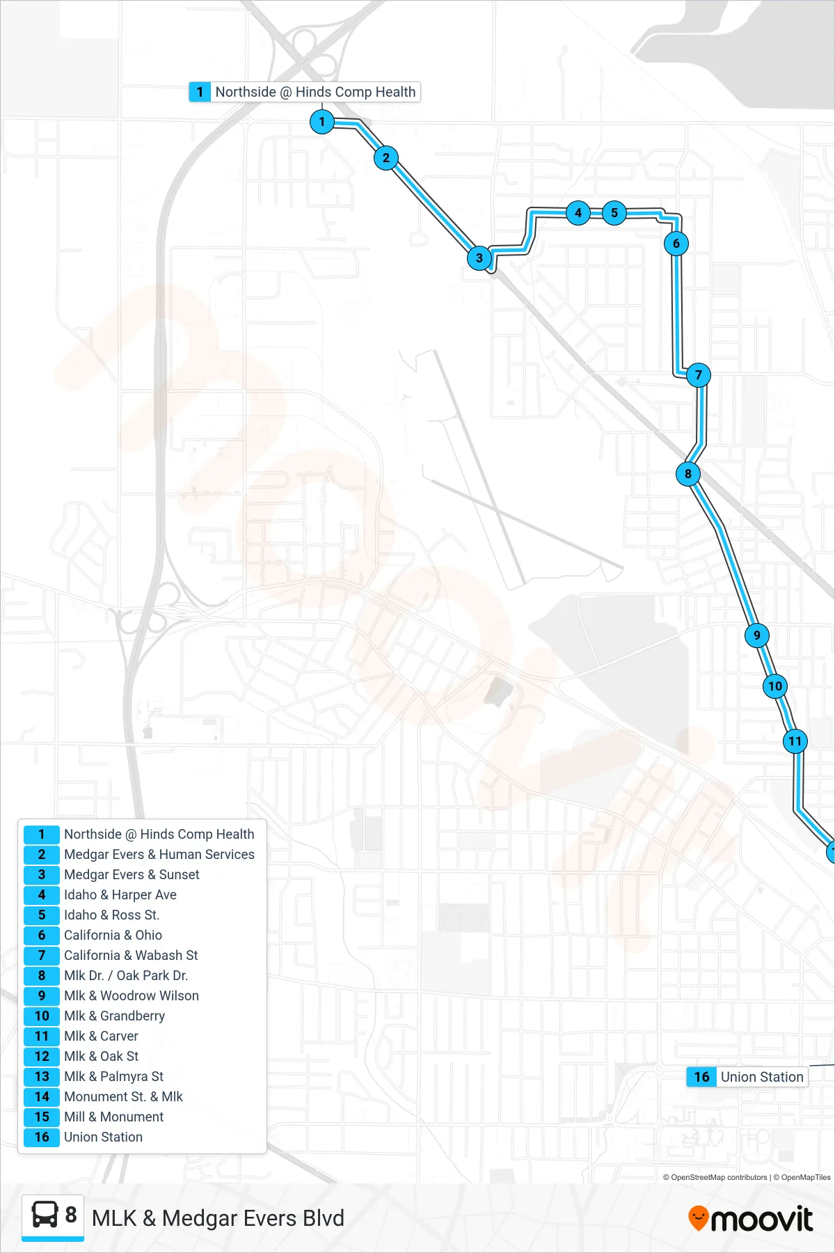 8 bus Line (Northside @ Hinds Comp Health‎→Union Station) route and stops on a map