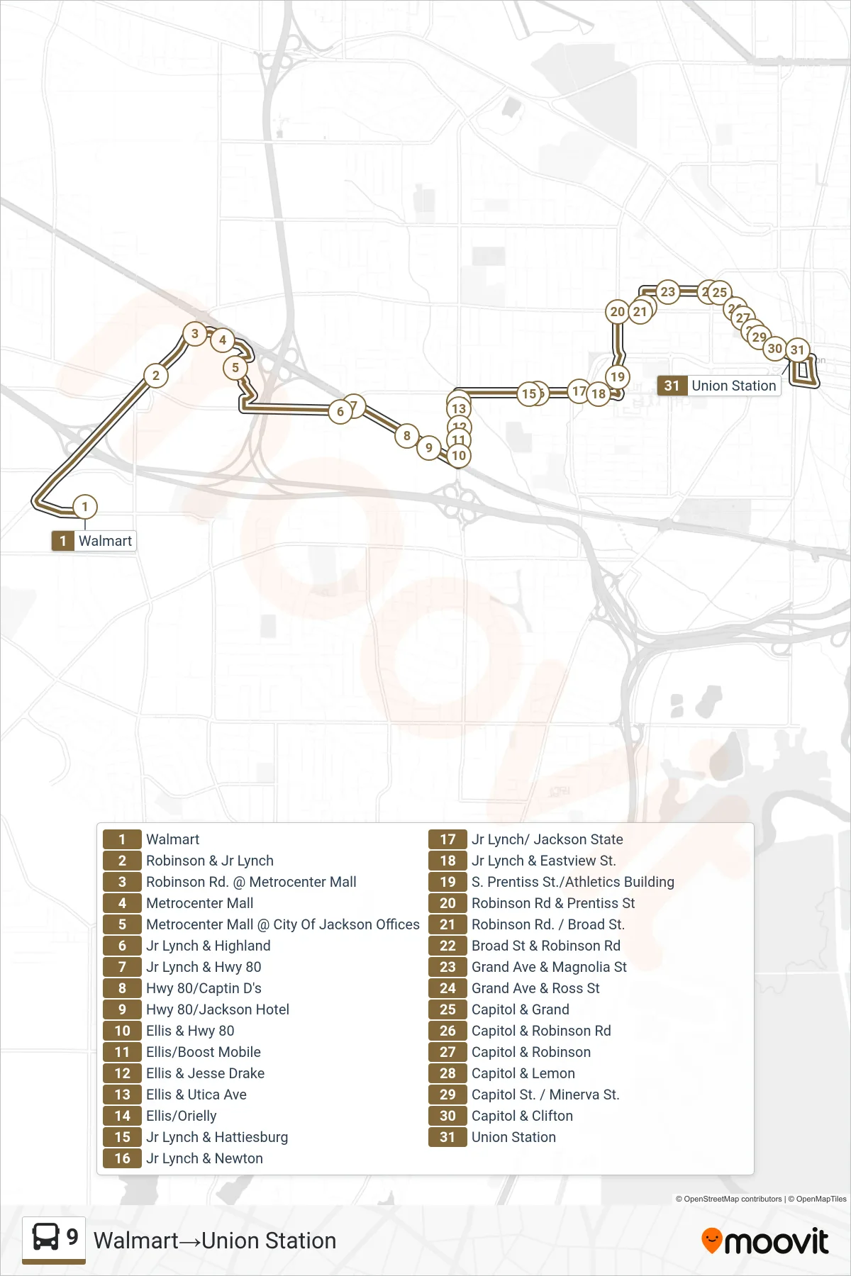 9 bus Line (Walmart‎→Union Station) route and stops on a map