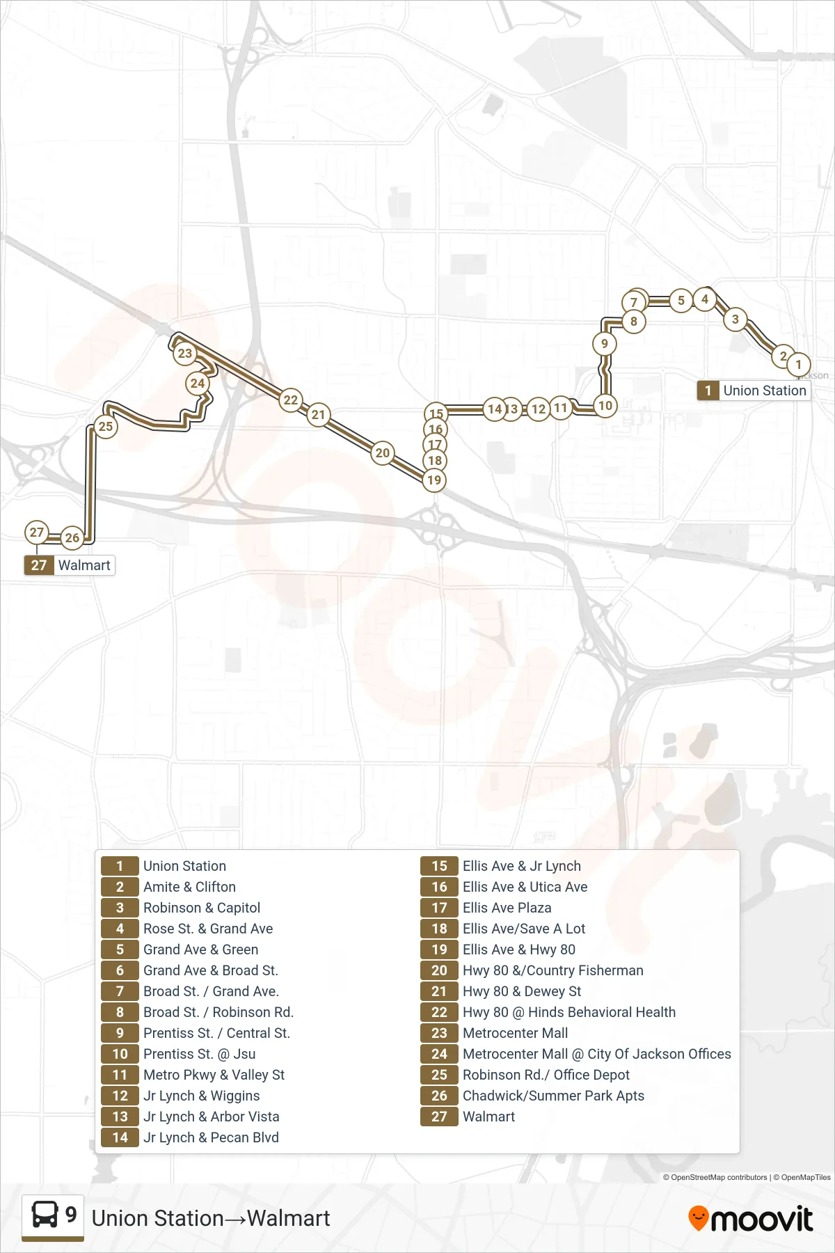 9 bus Line (Union Station→Walmart) route and stops on a map