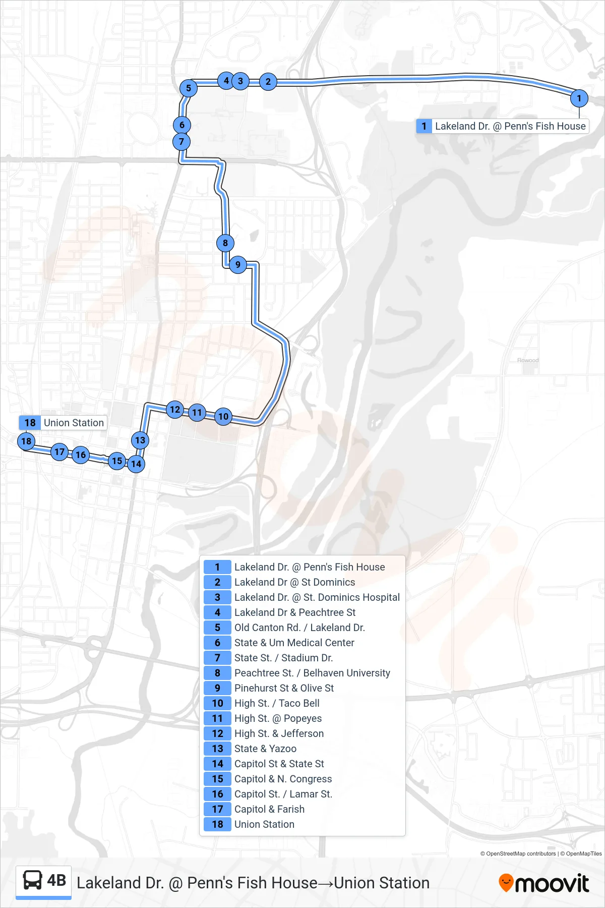 4B bus Line (Lakeland Dr. @ Penn's Fish House‎→Union Station) route and stops on a map