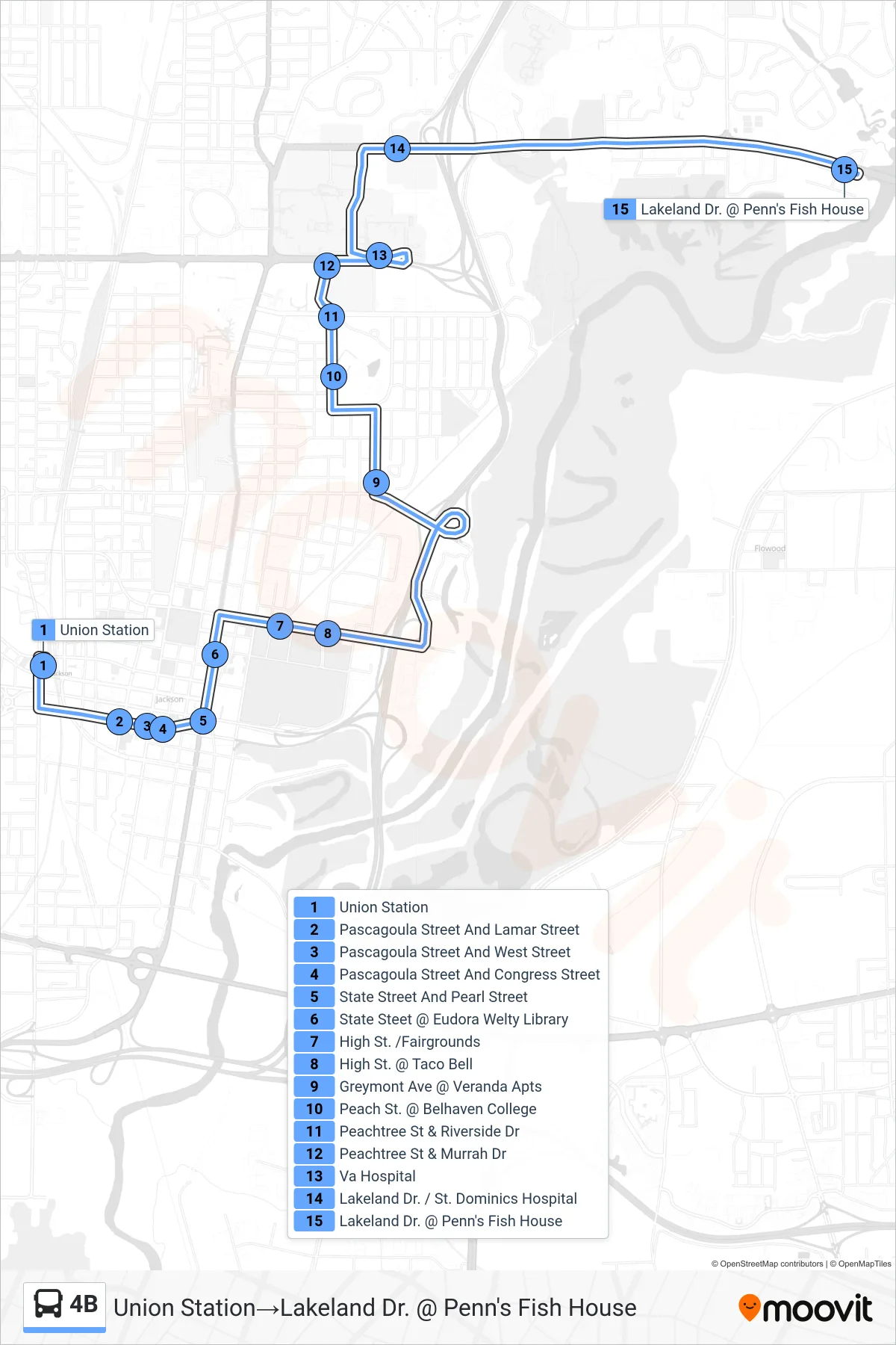 4B bus Line (Union Station→Lakeland Dr. @ Penn's Fish House) route and stops on a map