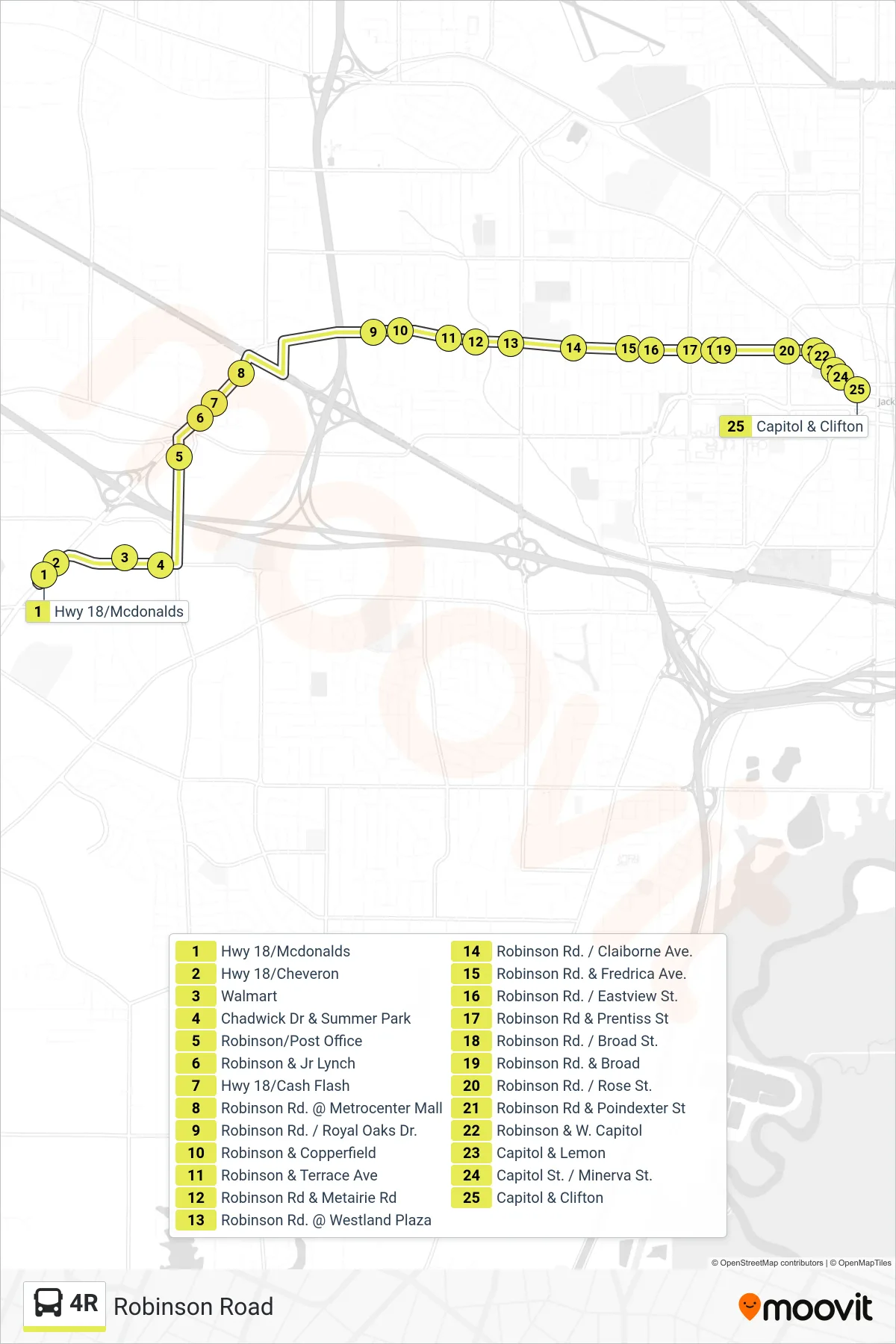 4R bus Line (Hwy 18/Mcdonalds→Capitol & Clifton) route and stops on a map