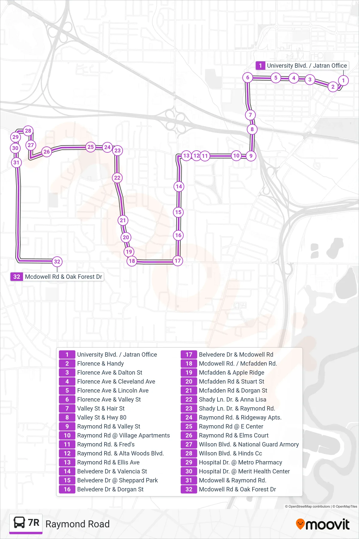 7R bus Line (University Blvd. / Jatran Office→Mcdowell Rd & Oak Forest Dr) route and stops on a map