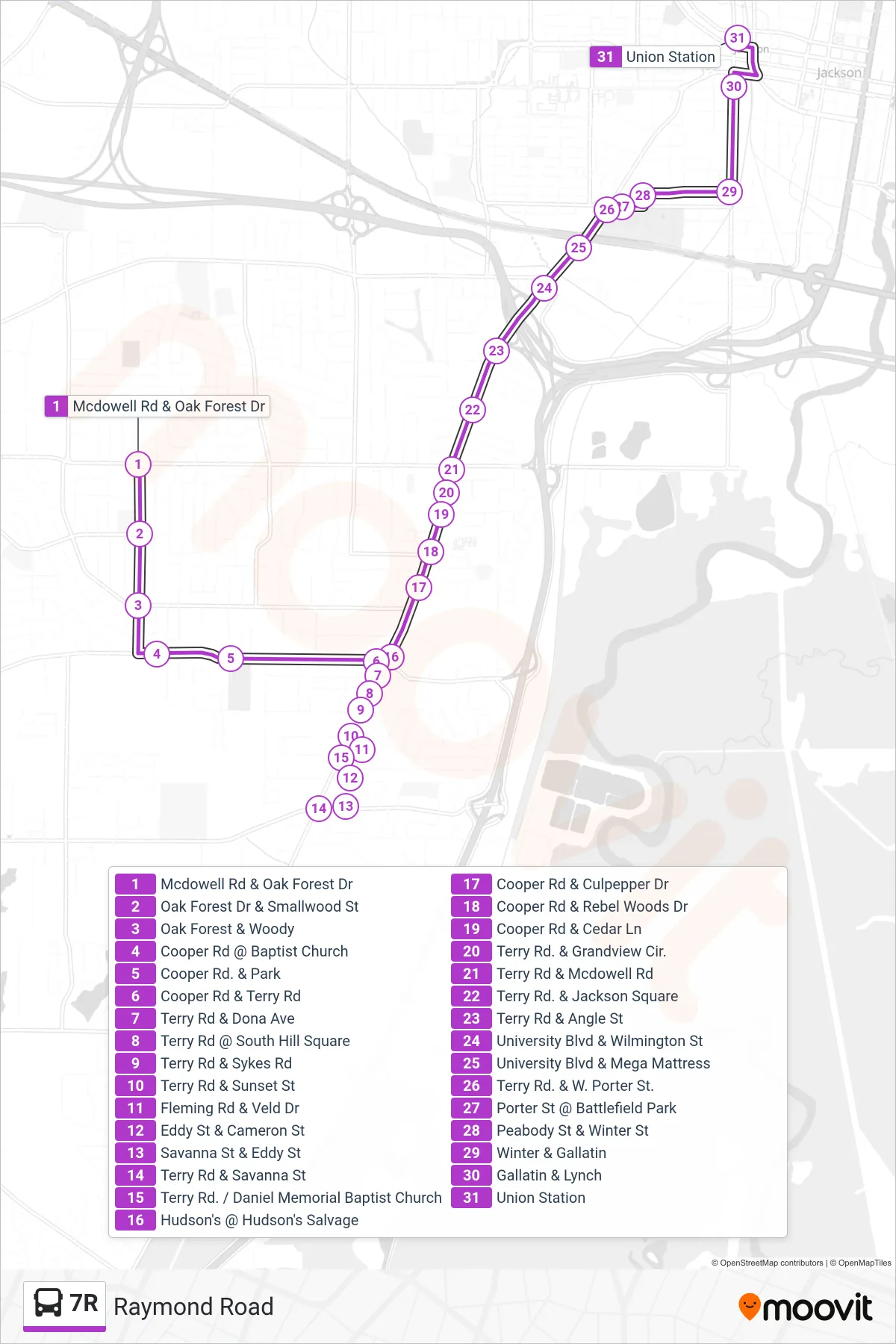 7R bus Line (Mcdowell Rd & Oak Forest Dr‎→Union Station) route and stops on a map