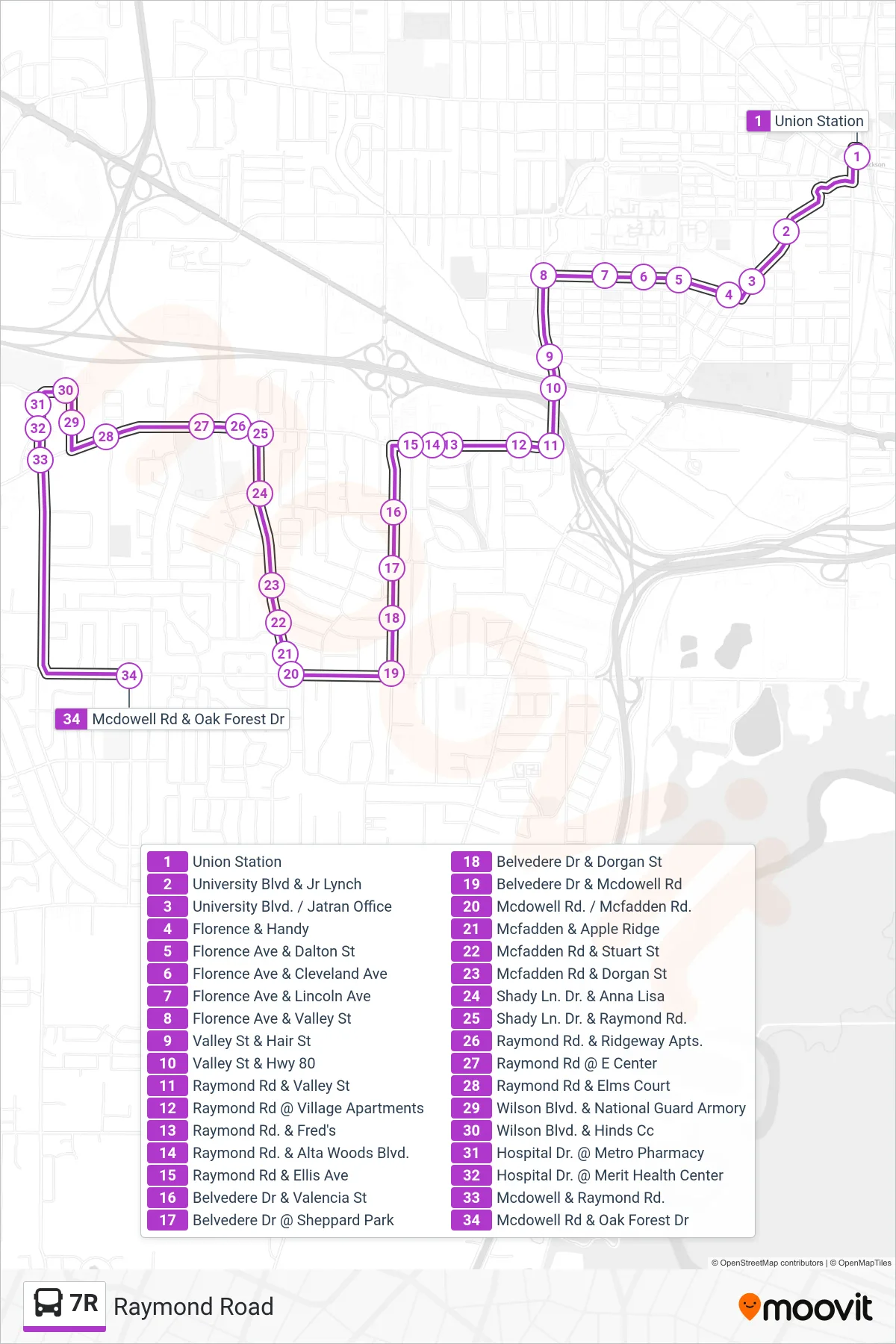 7R bus Line (Union Station‎→Mcdowell Rd & Oak Forest Dr) route and stops on a map