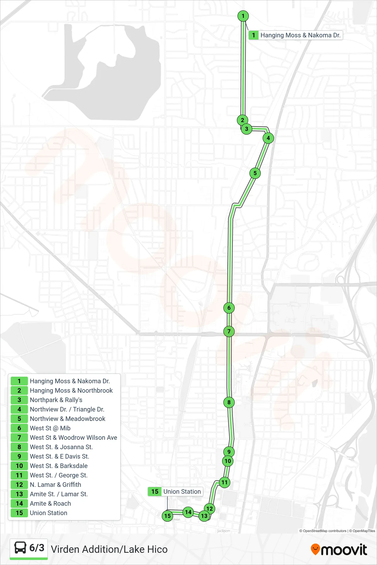 6/3 bus Line (Hanging Moss & Nakoma Dr.→Union Station) route and stops on a map