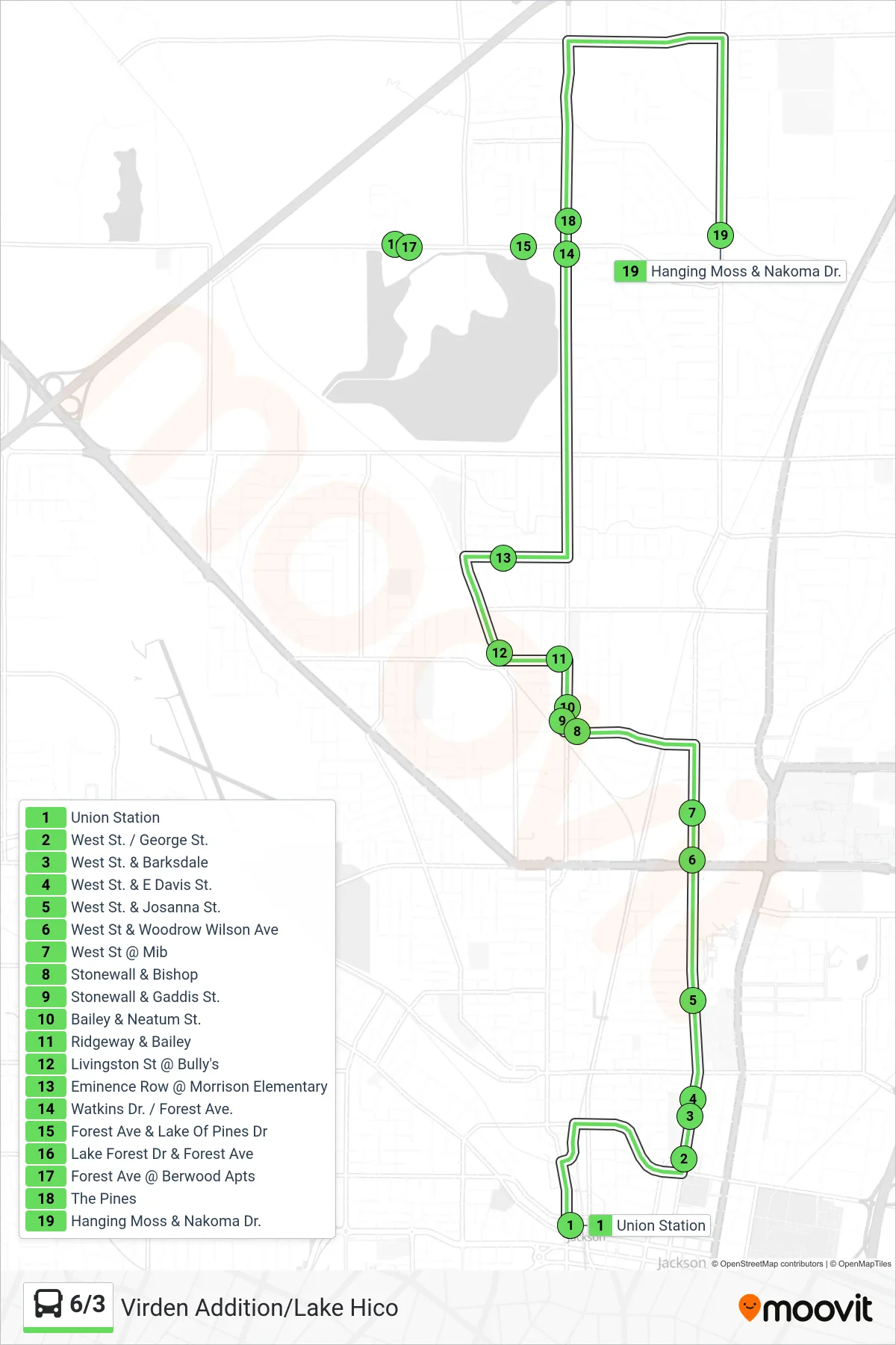 6/3 bus Line (Union Station→Hanging Moss & Nakoma Dr.) route and stops on a map