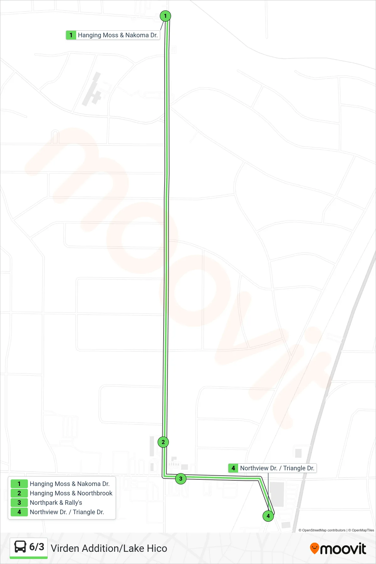 6/3 bus Line (Hanging Moss & Nakoma Dr.→Northview Dr. / Triangle Dr.) route and stops on a map