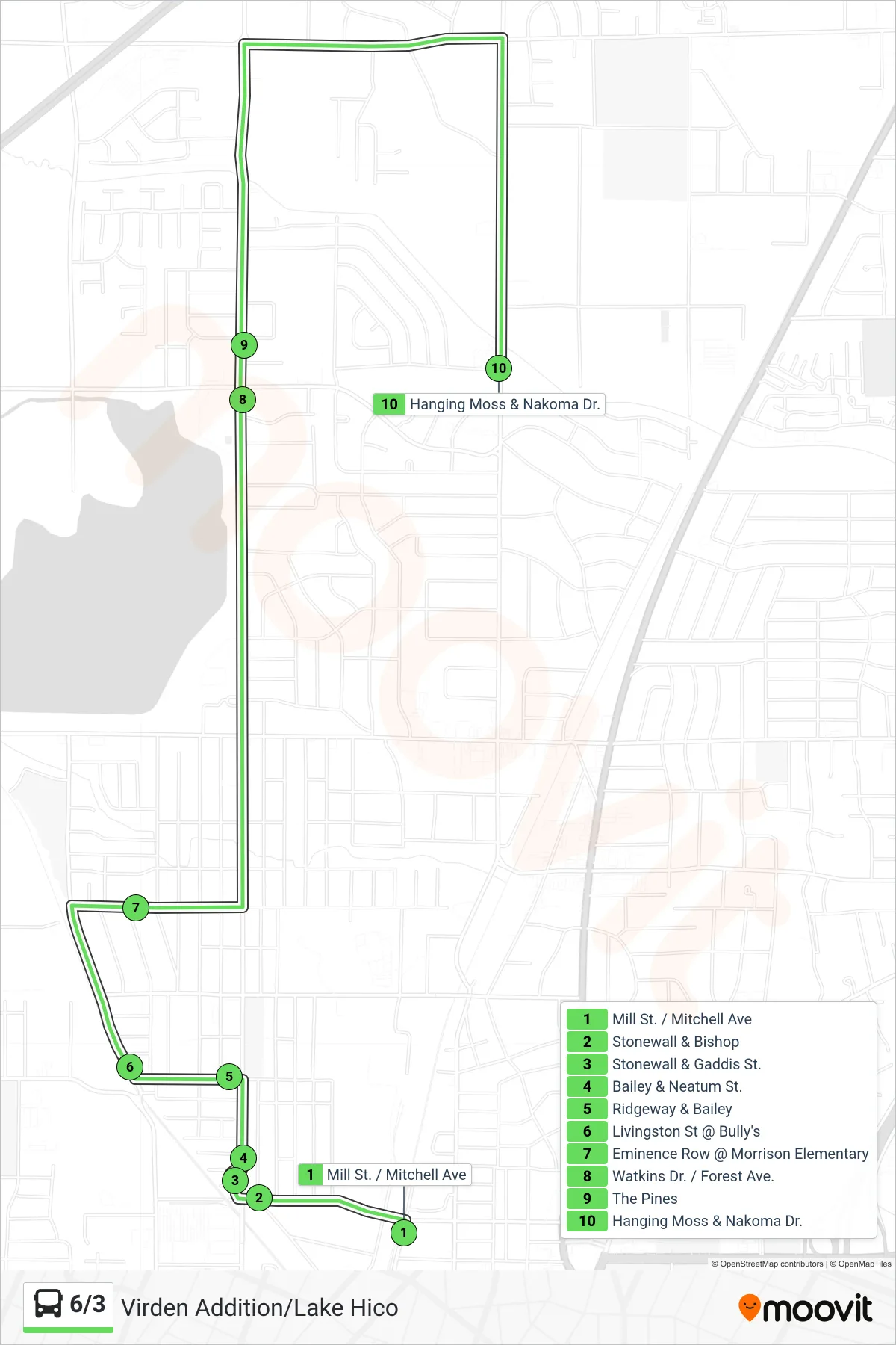 6/3 bus Line (Mill St. / Mitchell Ave‎→Hanging Moss & Nakoma Dr.) route and stops on a map