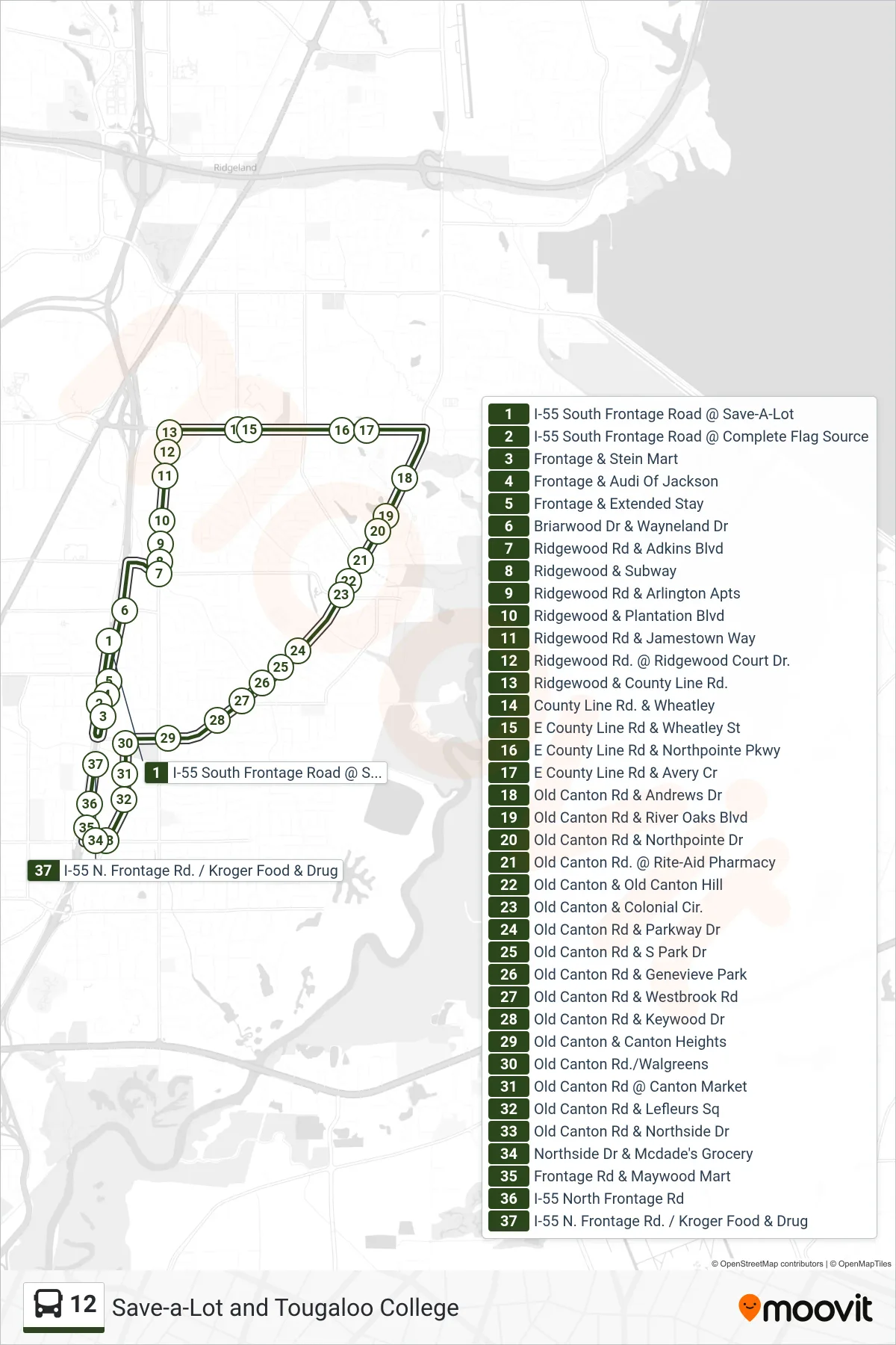 12 bus Line (I-55 South Frontage Road @ Save-A-Lot‎→I-55 N. Frontage Rd. / Kroger Food & Drug) route and stops on a map