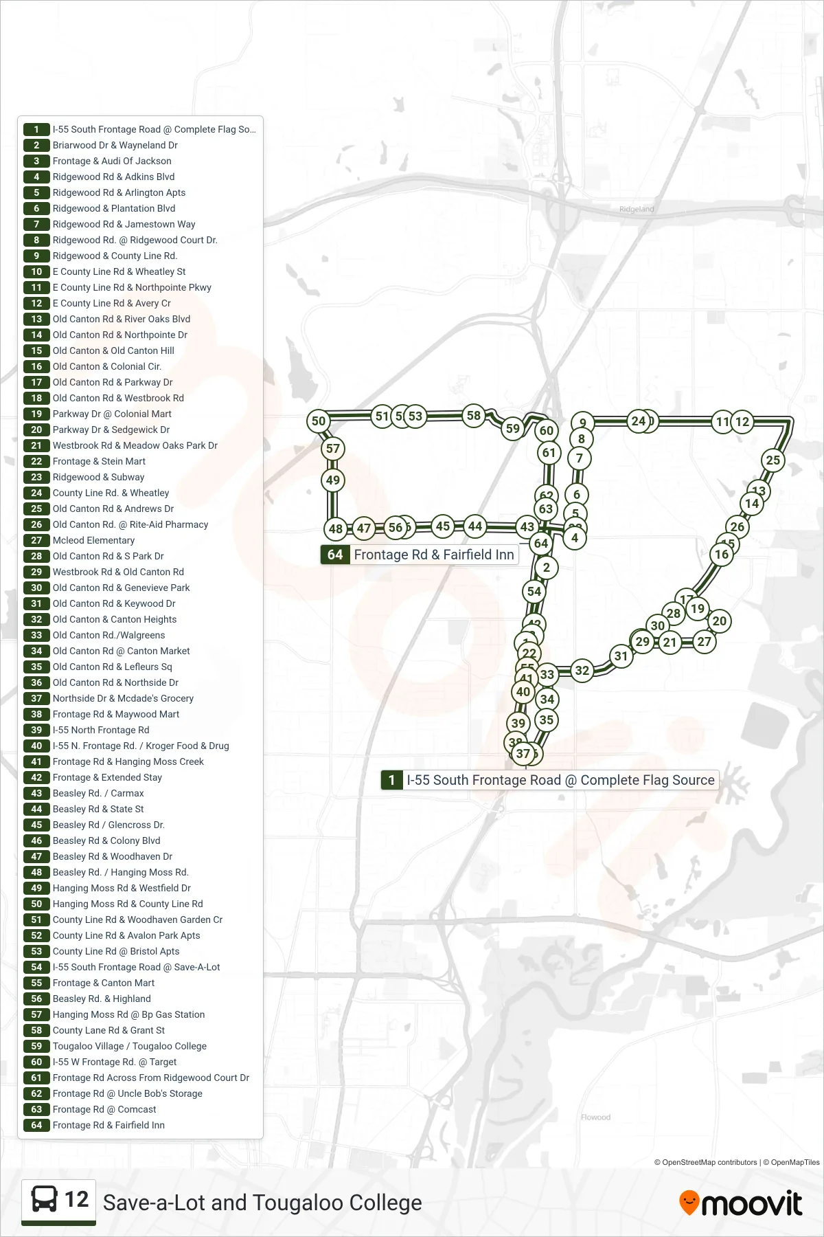 12 bus Line (I-55 South Frontage Road @ Save-A-Lot→I-55 South Frontage Road @ Save-A-Lot) route and stops on a map