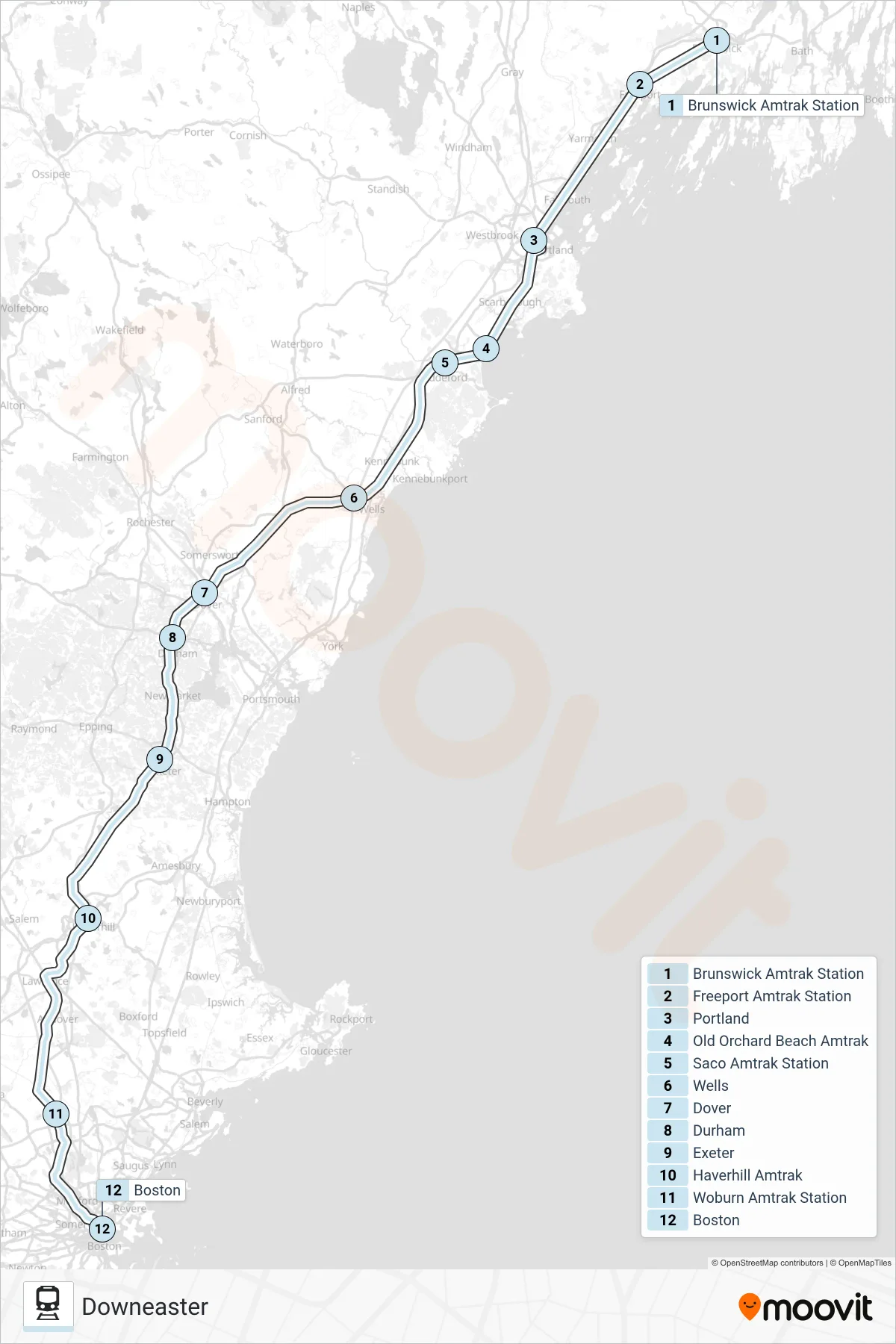 DOWNEASTER rail Line (Boston) route and stops on a map